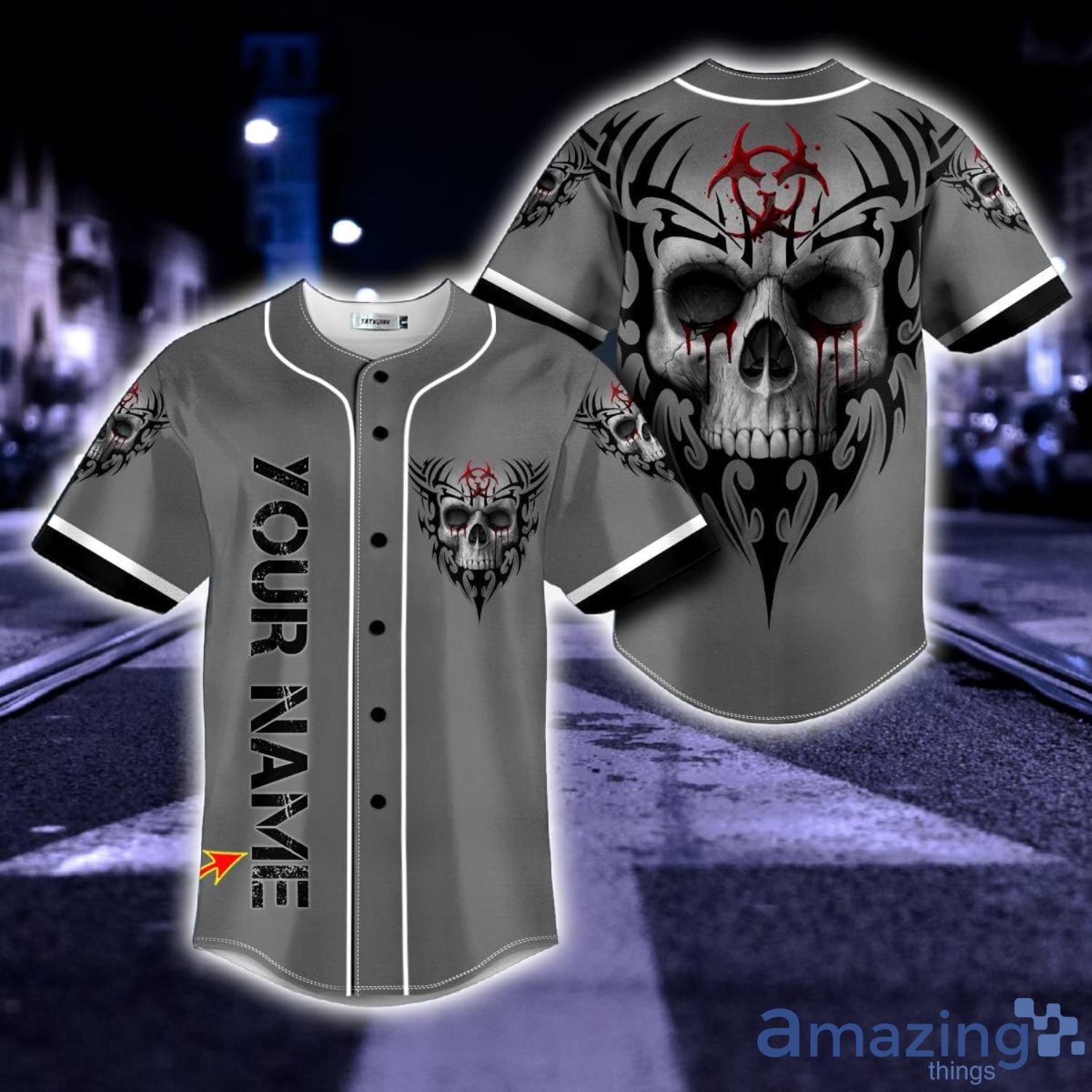 Melting Eyes Biohazard Tribal Skull Custom Name All Over Print AOP Baseball Jersey For Men And Women Product Photo 1