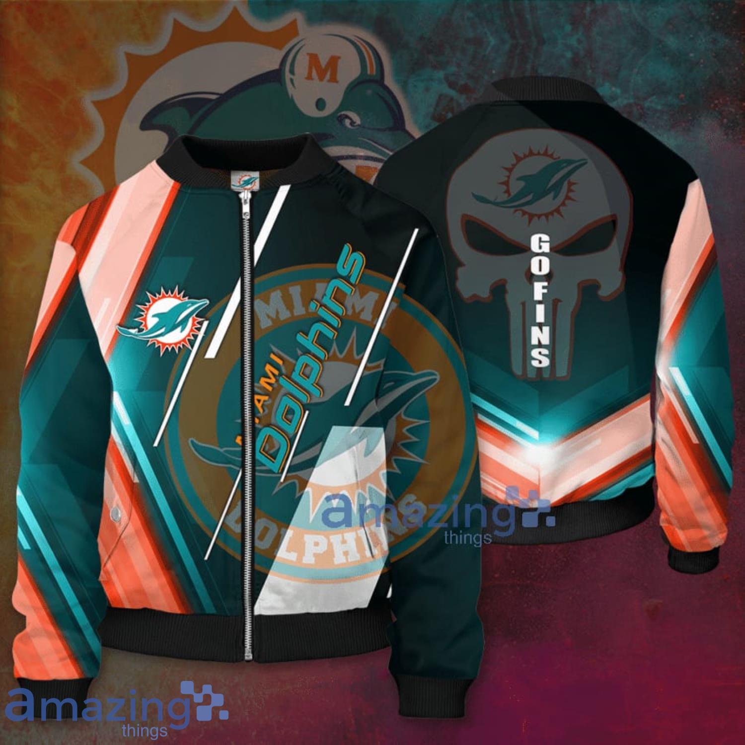 Miami Dolphins Go Fins 3D Bomber Jacket For Fans Product Photo 1 Miami Dolphins Go Fins 3D Bomber Jacket For Fans Product Photo 1