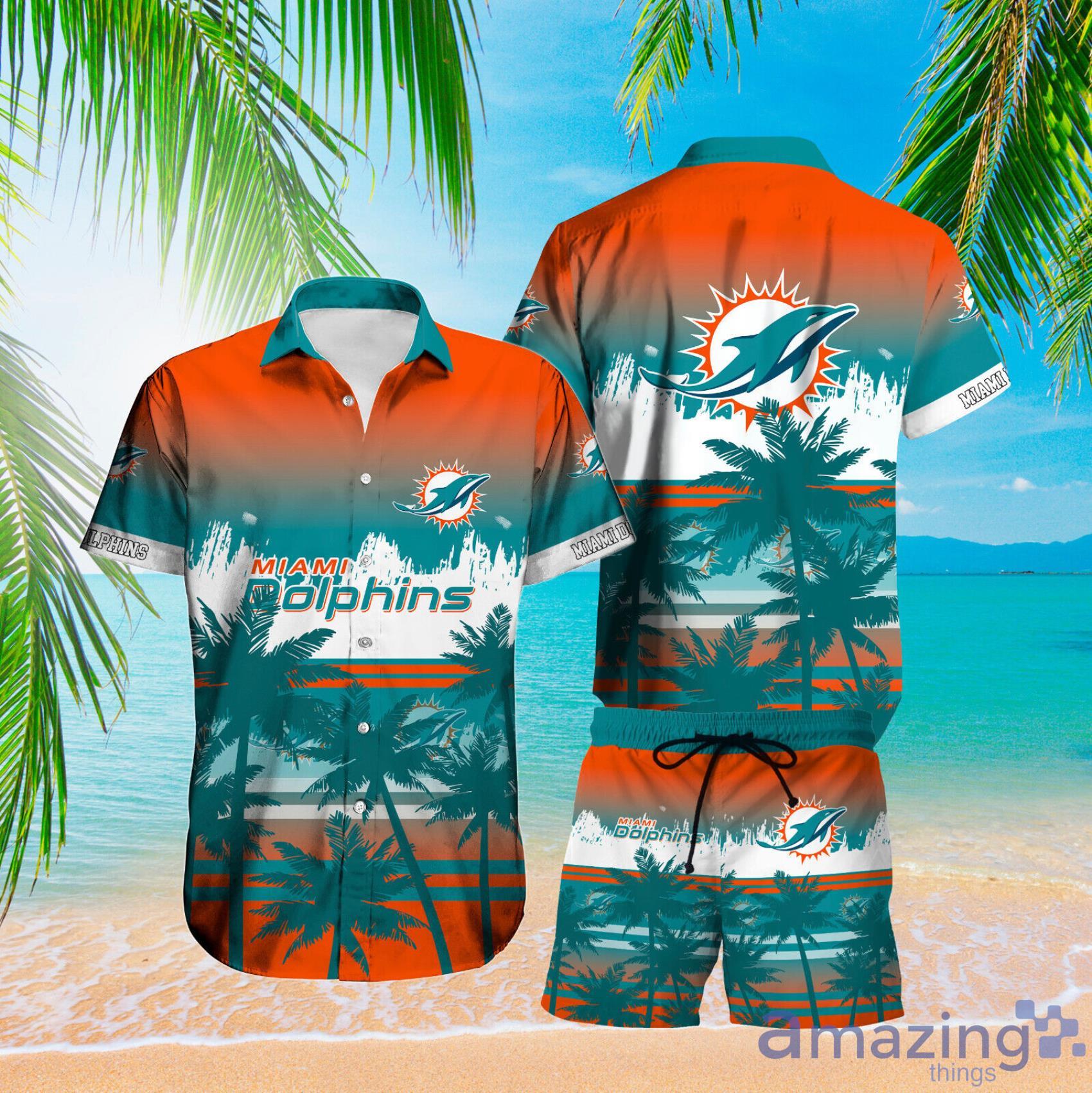 Miami Dolphins Grunge Texture And Coconut Tree Pattern Hawiian Shirt And Short - Miami Dolphins Mens Button Down Shirt4