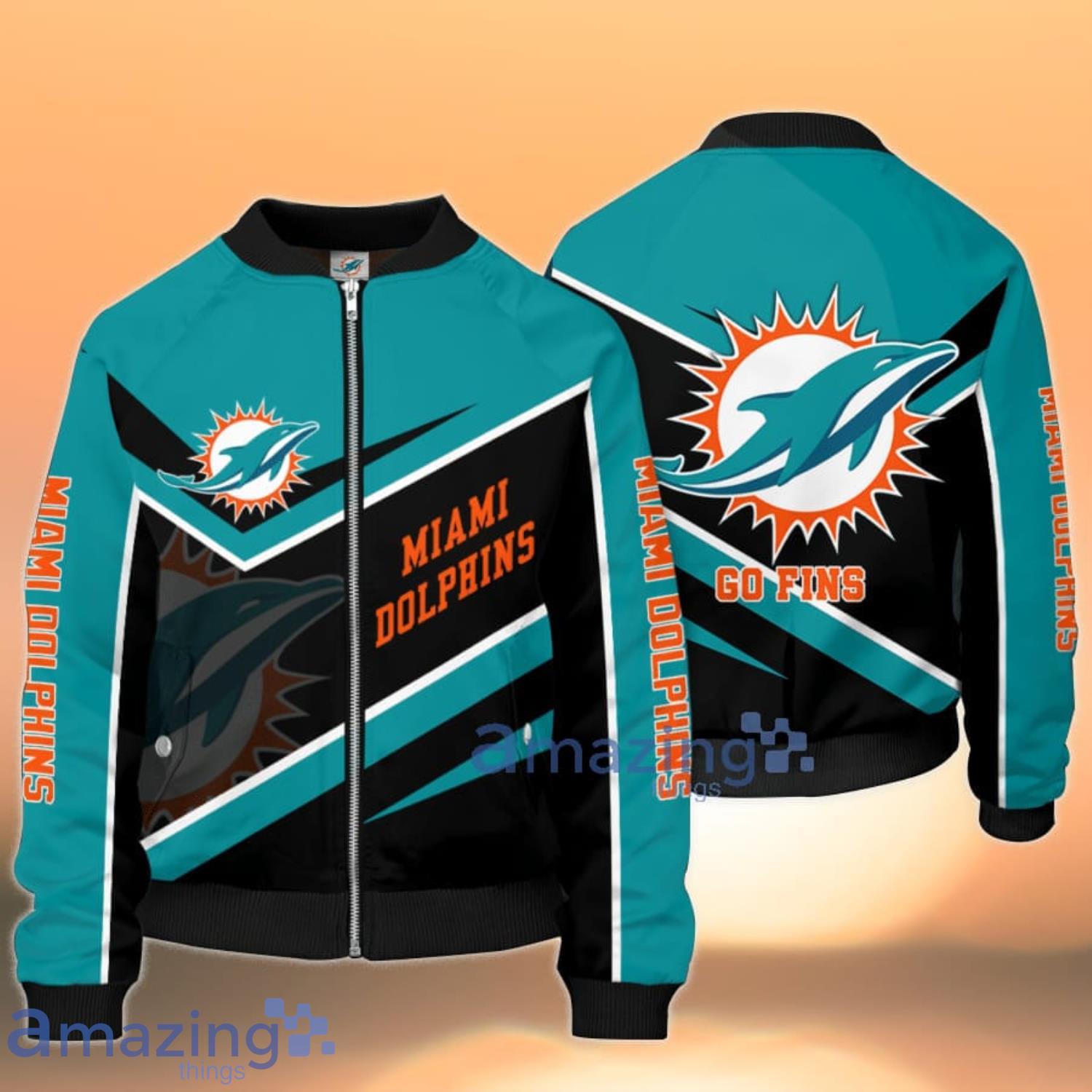 Miami Dolphins Professional Football Team Blue 3D Bomber Jacket For Fans Product Photo 1
