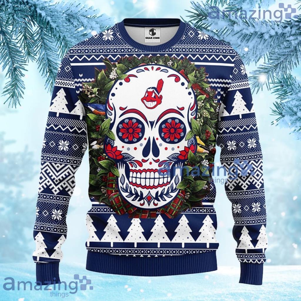 MLB Cleveland Indians Skull Flower Ugly Christmas Ugly Sweater For Fans - 1 MLB Cleveland Indians Skull Flower Ugly Christmas Ugly Sweater For Fans - 1