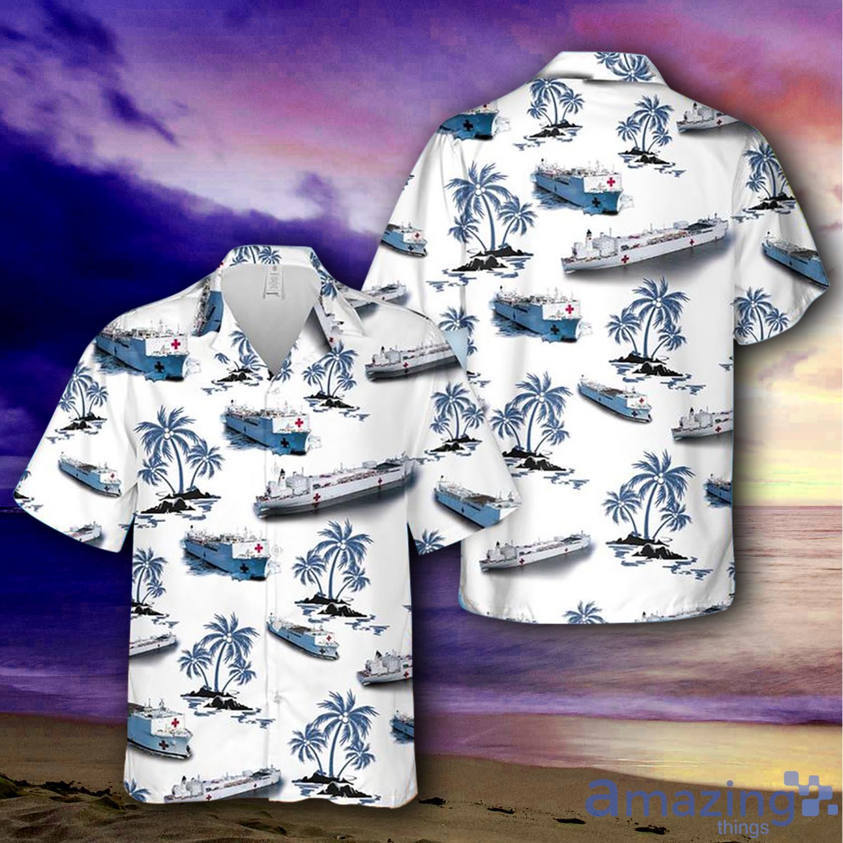 Navy Hospital Ship Coconut Trees Pattern AOP Short Sleeve Hawaiian Shirt Product Photo 1
