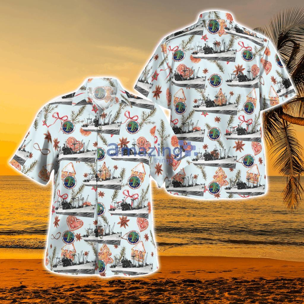 Navy USS Firedrake (Ae-14) Christmas Seamless Hawaiian Shirt - Navy USS Firedrake (Ae-14) Christmas Seamless Hawaiian Shirt