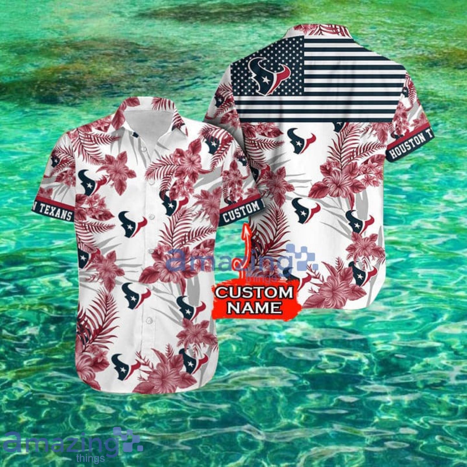 Nfl Houston Texans Fans American Flag Tropical Custom Name Hawaiian Shirt Product Photo 1