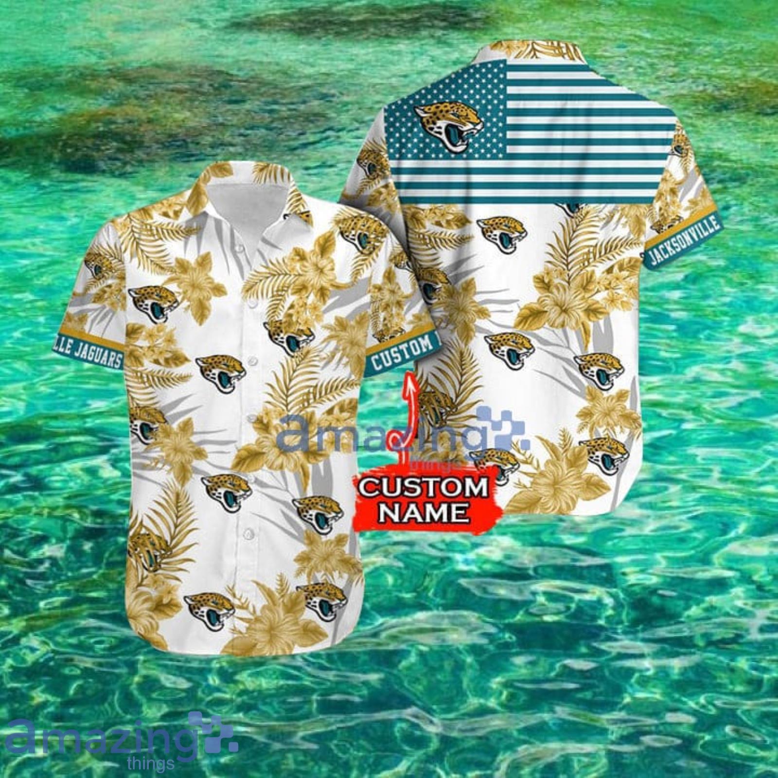 Nfl Jacksonville Jaguars Fans American Flag Tropical Custom Name Hawaiian Shirt Product Photo 1