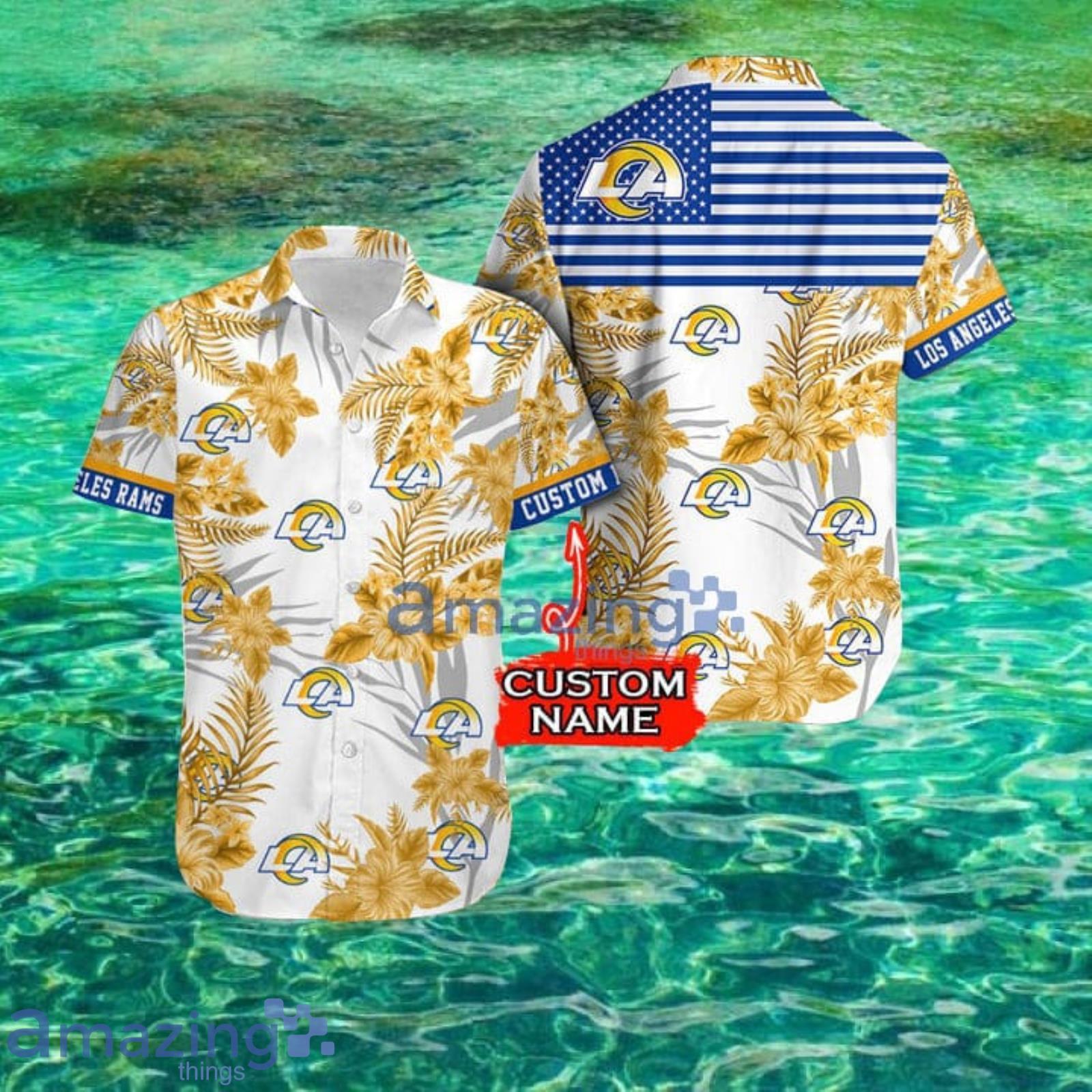 Nfl Los Angeles Rams Fans American Flag Tropical Custom Name Hawaiian Shirt Product Photo 1