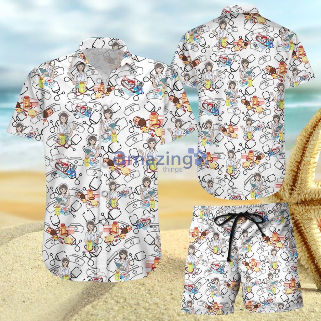 Nurse Medicine Stethoscope Nurse Hat Pattern Hawaiian Shirt And Short - Nurse Medicine Stethoscope Nurse Hat Pattern Hawaiian Shirt And Short
