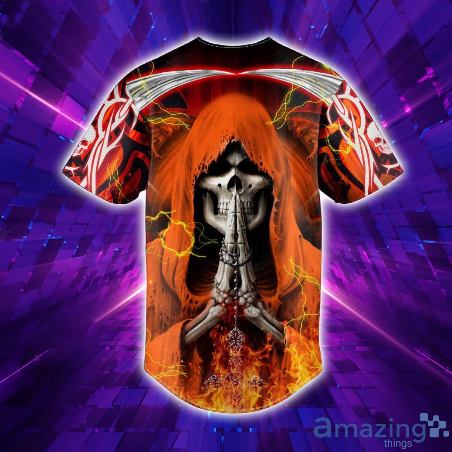 Orange Grim Reaper Prayer Fire Skull All Over Print AOP Baseball