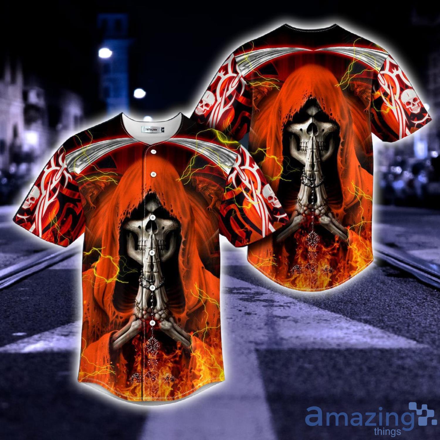 Orange Grim Reaper Prayer Fire Skull All Over Print AOP Baseball