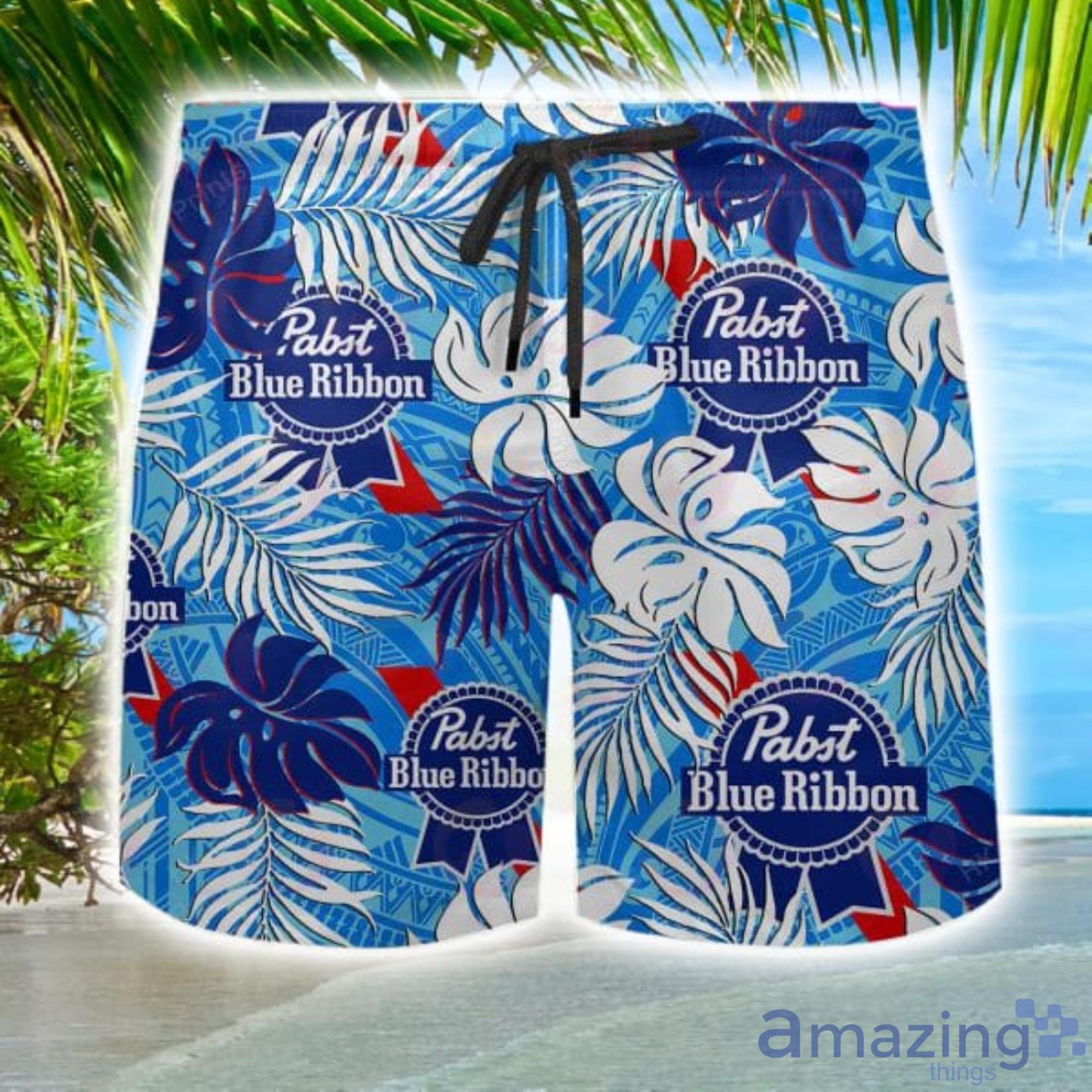 Pabst Blue Ribbon Palm Leaf And Tropical Leaf Hawaiian Shirt And Shorts image Pabst Blue Ribbon Palm Leaf And Tropical Leaf Hawaiian Shirt And Shorts Product Photo 2
