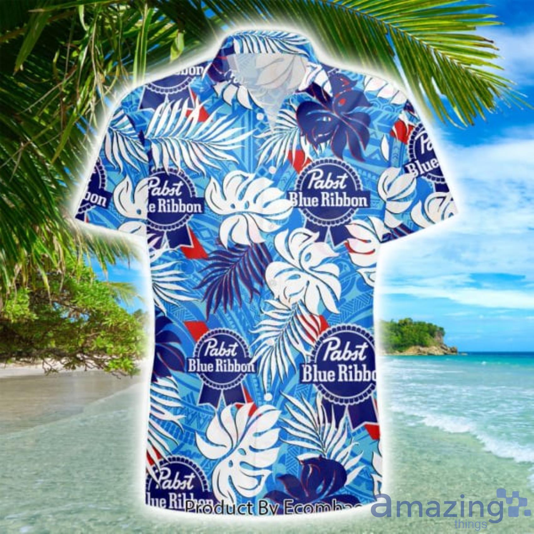 Pabst Blue Ribbon Palm Leaf And Tropical Leaf Hawaiian Shirt And Shorts Product Photo 1