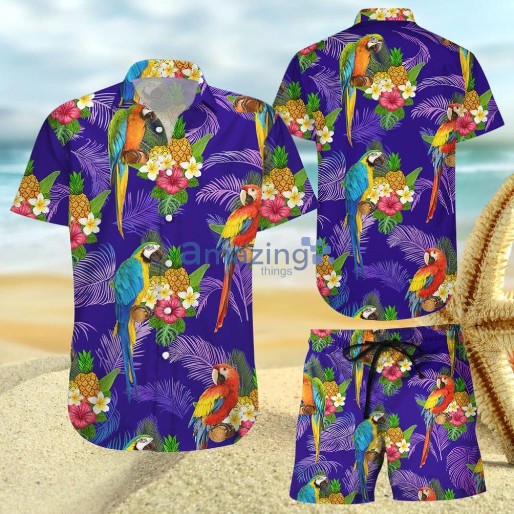 Parrots Palmshadow On Purple Background Hawaiian Shirt And Short - Parrots Palmshadow On Purple Background Hawaiian Shirt And Short