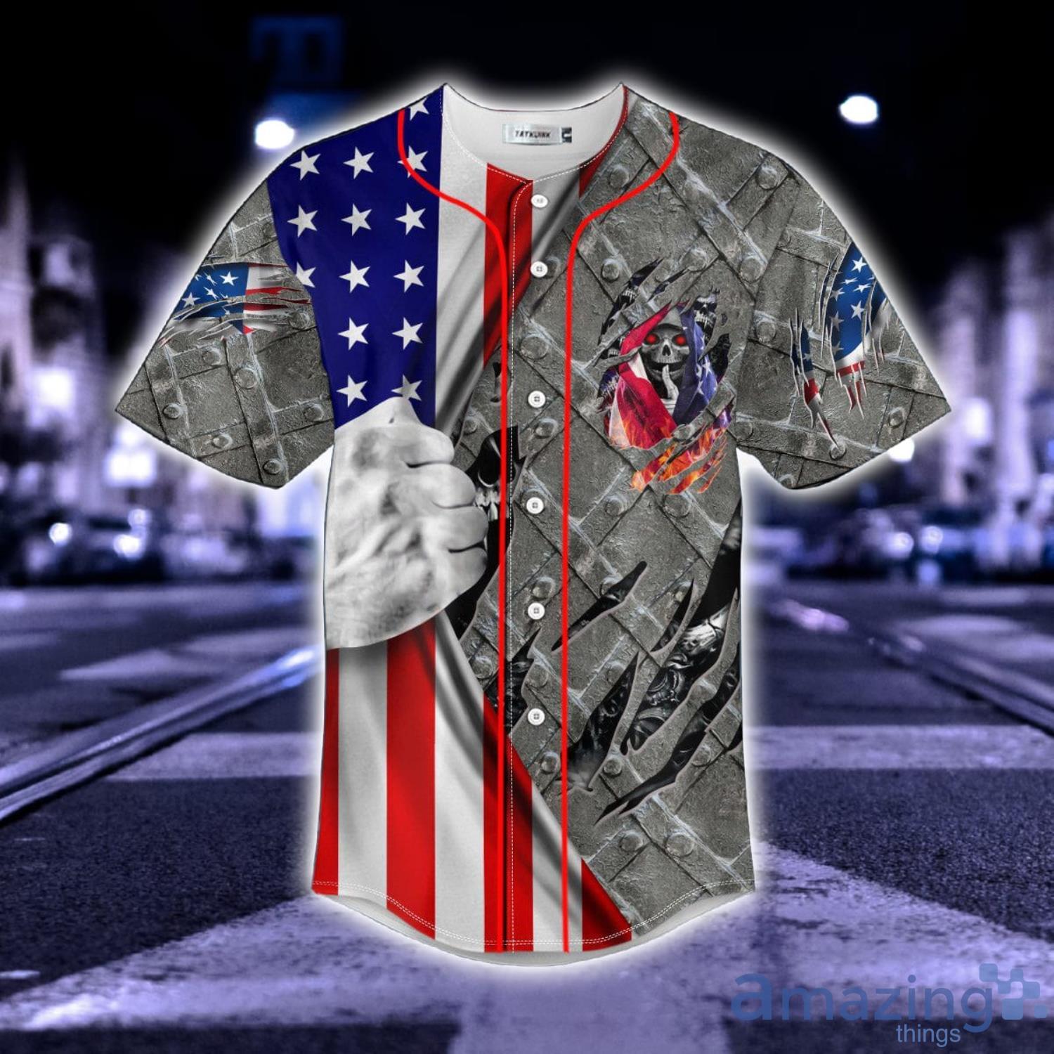 Patriotism U.S Flag Shh Skull All Over Print AOP Baseball Jersey For Men  And Women