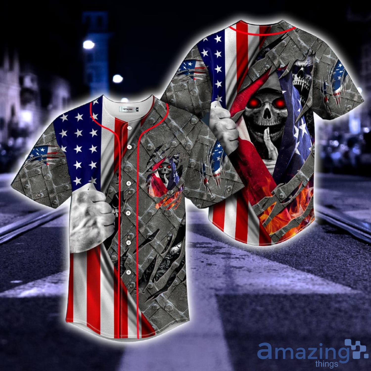 Patriotism U.S Flag Shh Skull All Over Print AOP Baseball Jersey For Men  And Women