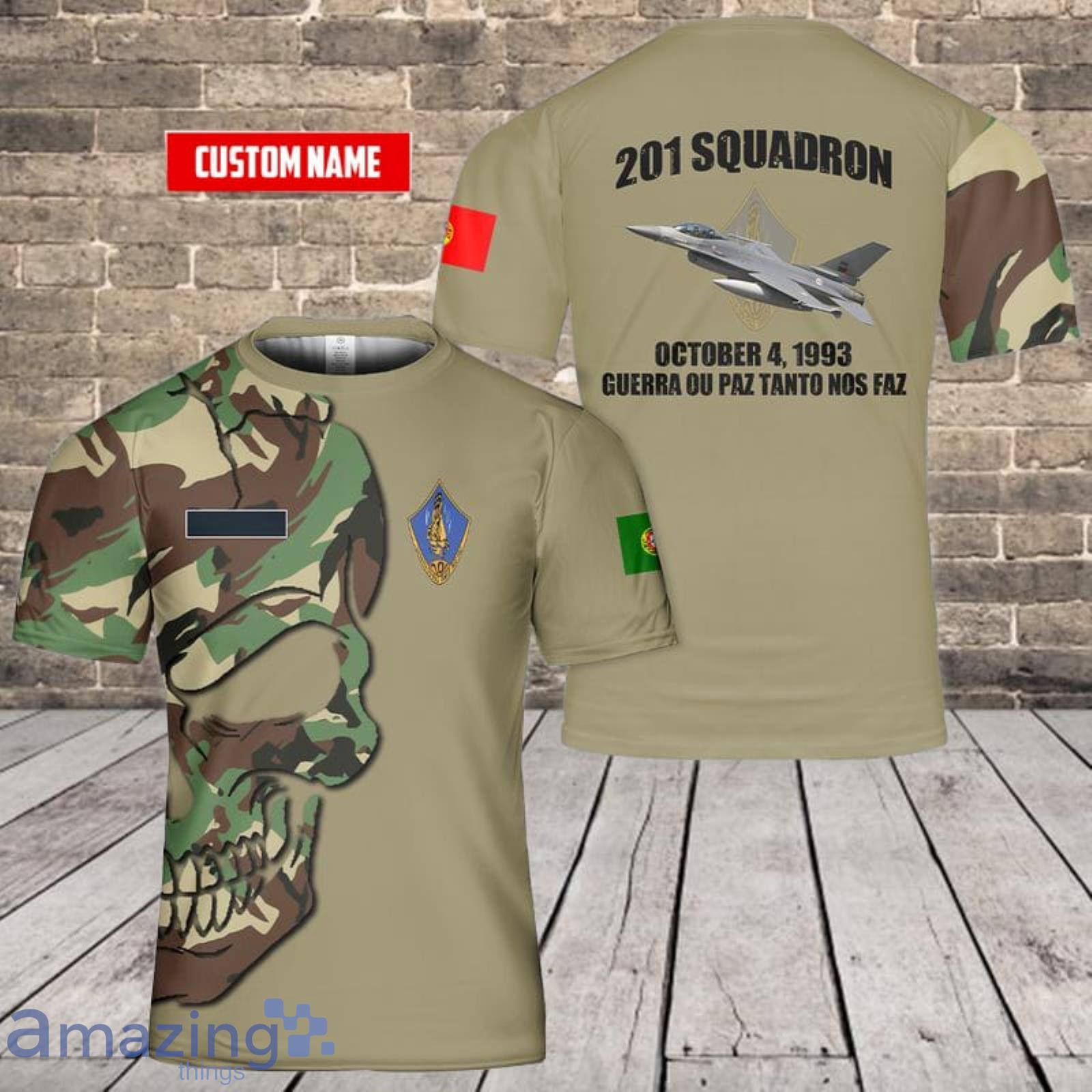 Personalized Name Portuguese Air Force 201 Squadron Falcoes (Esquadra 201) F-16A Fighting Falcon 3D T-Shirt Product Photo 1