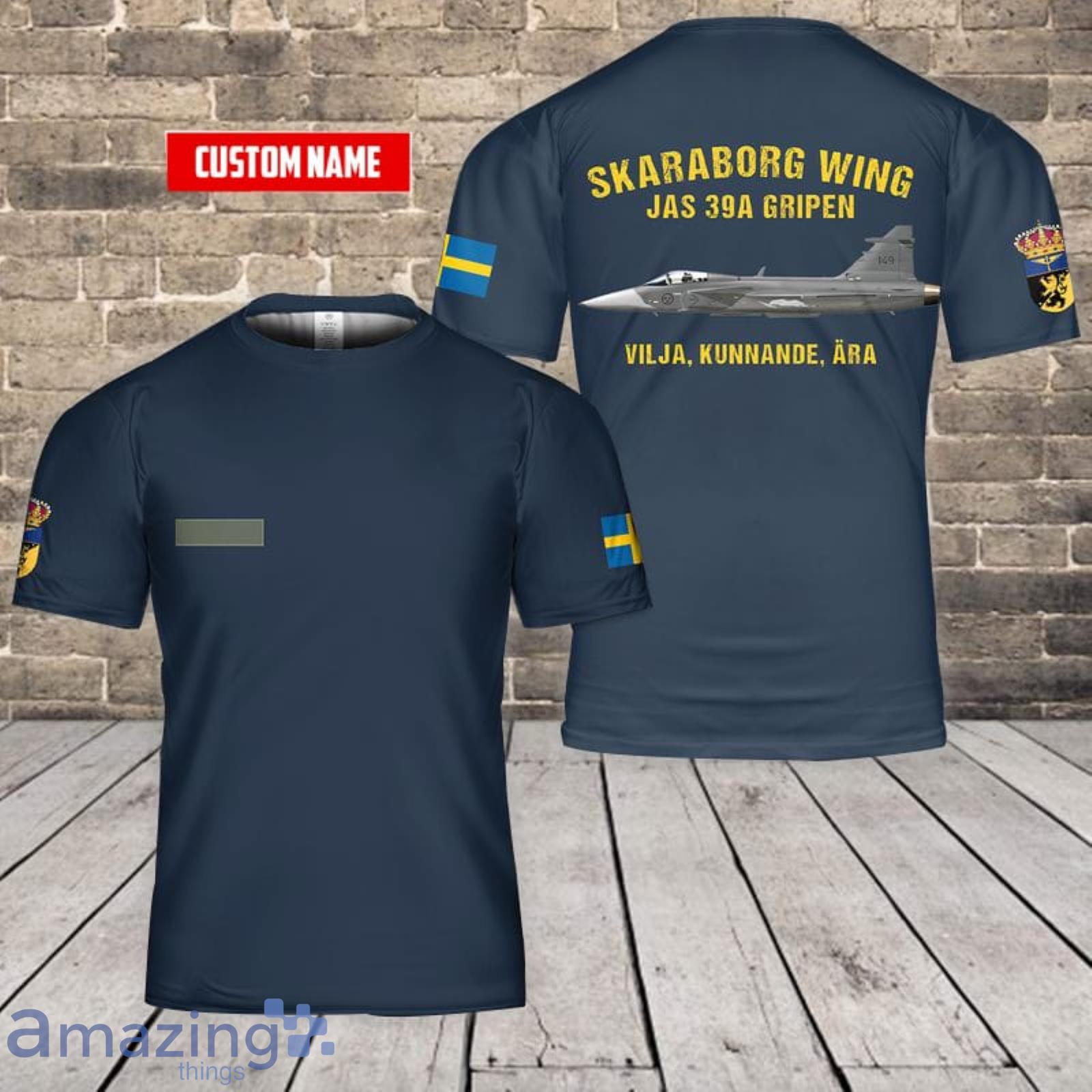 Personalized Name Swedish Air Force Skaraborg Wing Saab JAS 39A Gripen 3D T-Shirt Product Photo 1