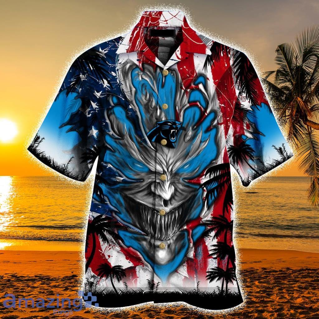 Personalized NFL Carolina Panthers US Flag Demon Face Hawaiian Shirt - Personalized NFL Carolina Panthers US Flag Demon Face Hawaiian Shirt