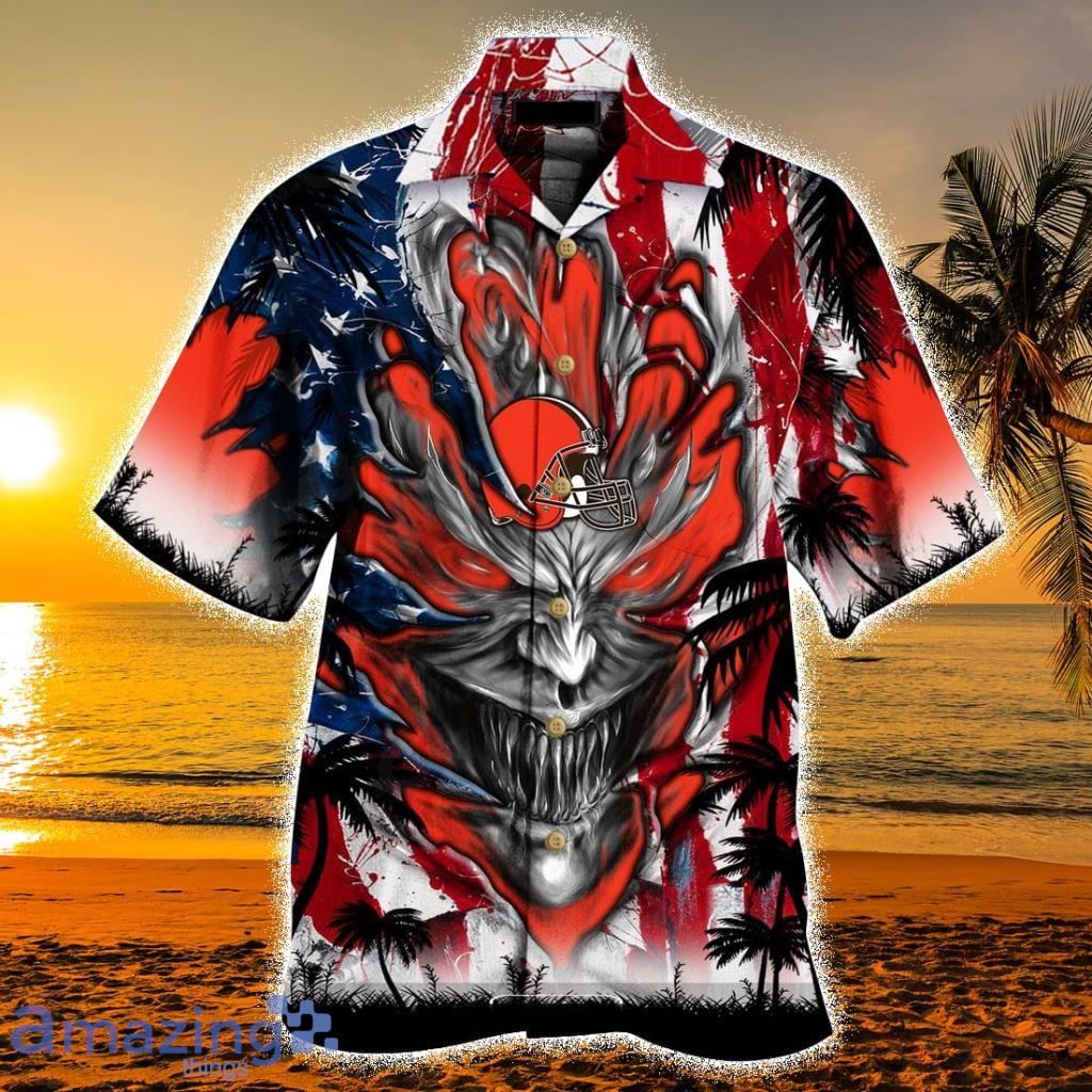 Personalized NFL Cleveland Browns US Flag Demon Face Hawaiian Shirt - Personalized NFL Cleveland Browns US Flag Demon Face Hawaiian Shirt