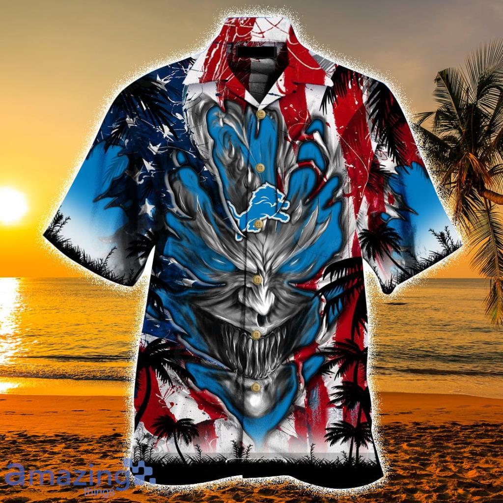 Personalized NFL Detroit Lions US Flag Demon Face Hawaiian Shirt - Personalized NFL Detroit Lions US Flag Demon Face Hawaiian Shirt