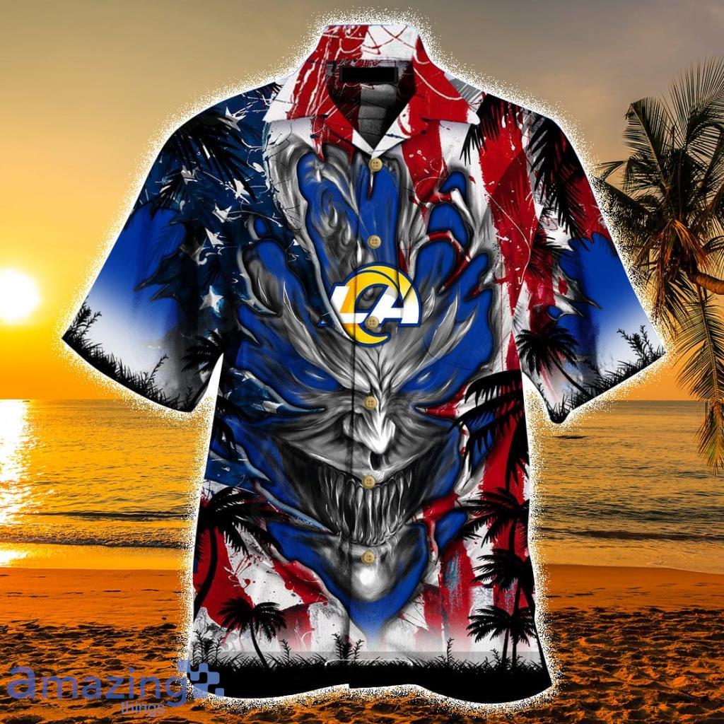 Personalized NFL Los Angeles Rams US Flag Demon Face Hawaiian Shirt - Personalized NFL Los Angeles Rams US Flag Demon Face Hawaiian Shirt