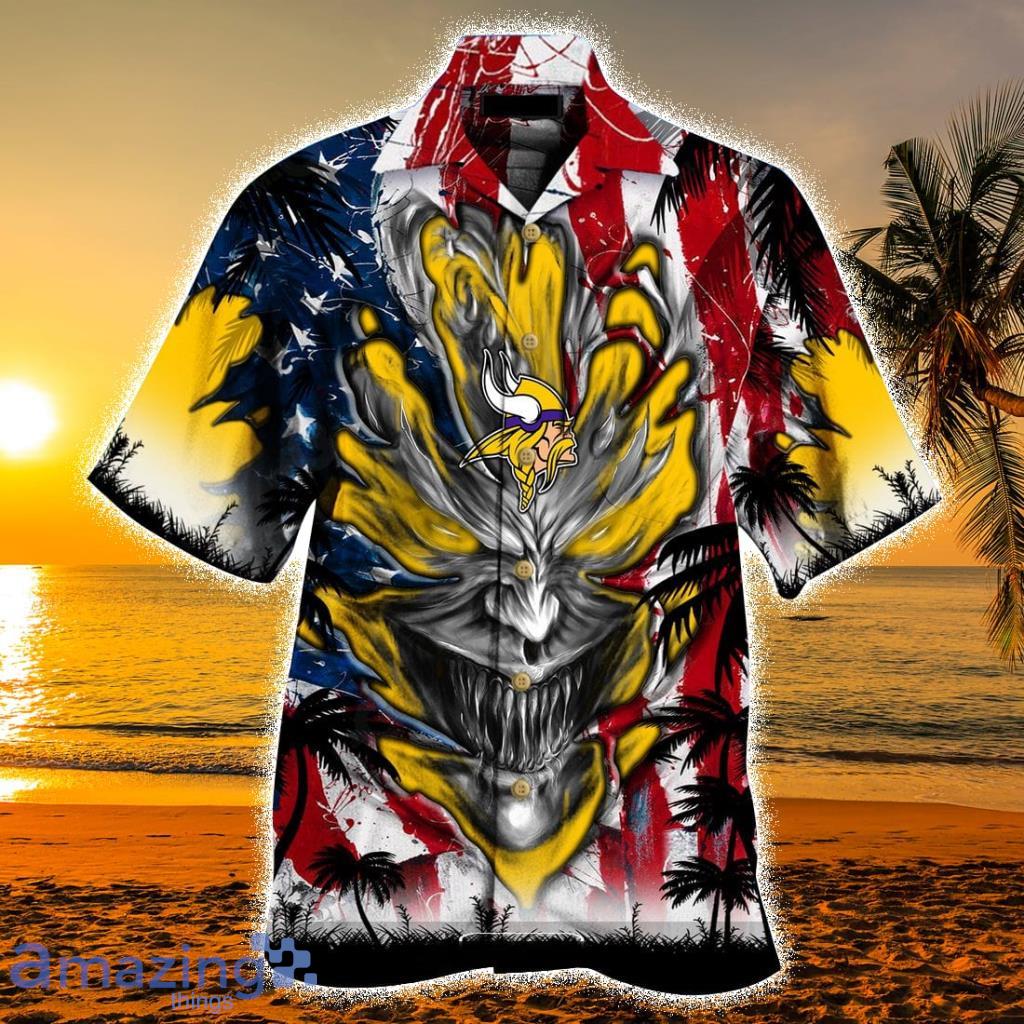 Personalized NFL Minnesota Vikings US Flag Demon Face Hawaiian Shirt - Personalized NFL Minnesota Vikings US Flag Demon Face Hawaiian Shirt