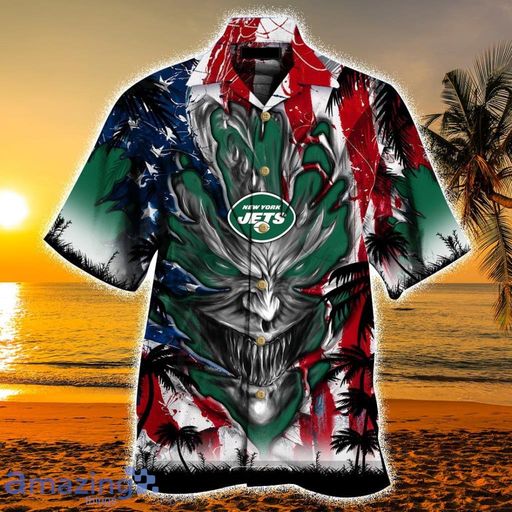 Personalized NFL New York Jets US Flag Demon Face Hawaiian Shirt - Personalized NFL New York Jets US Flag Demon Face Hawaiian Shirt