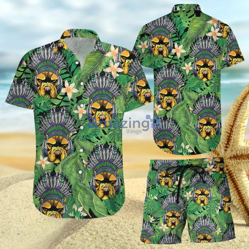 Pitbull Dog Head With Indian Hat Tropical Hawaiian Shirt And Short - Pitbull Dog Head With Indian Hat Tropical Hawaiian Shirt And Short