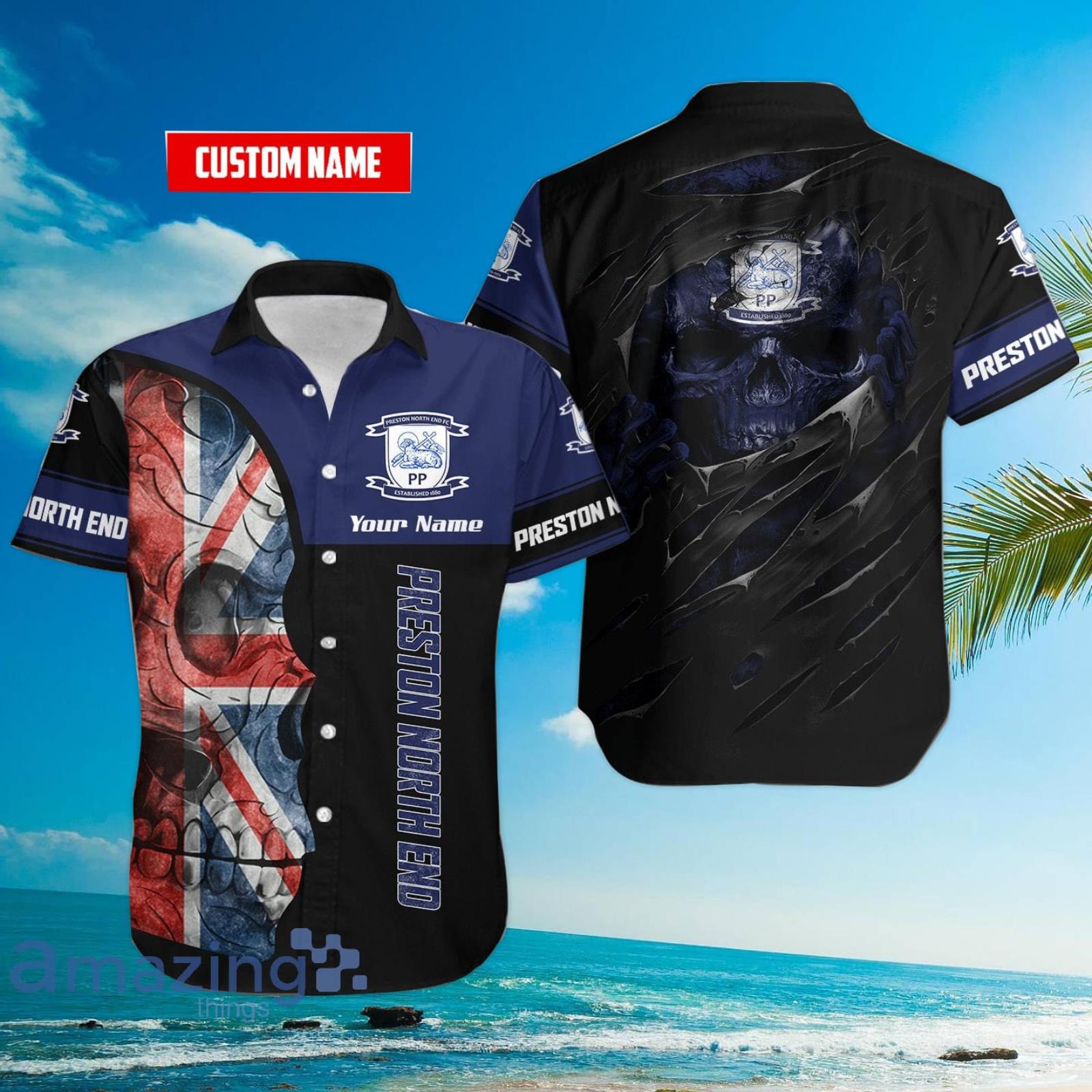 Preston North End Flag Skull Custom Name 3D Hawaiian Shirt For Fans Product Photo 1 Preston North End Flag Skull Custom Name 3D Hawaiian Shirt For Fans Product Photo 1