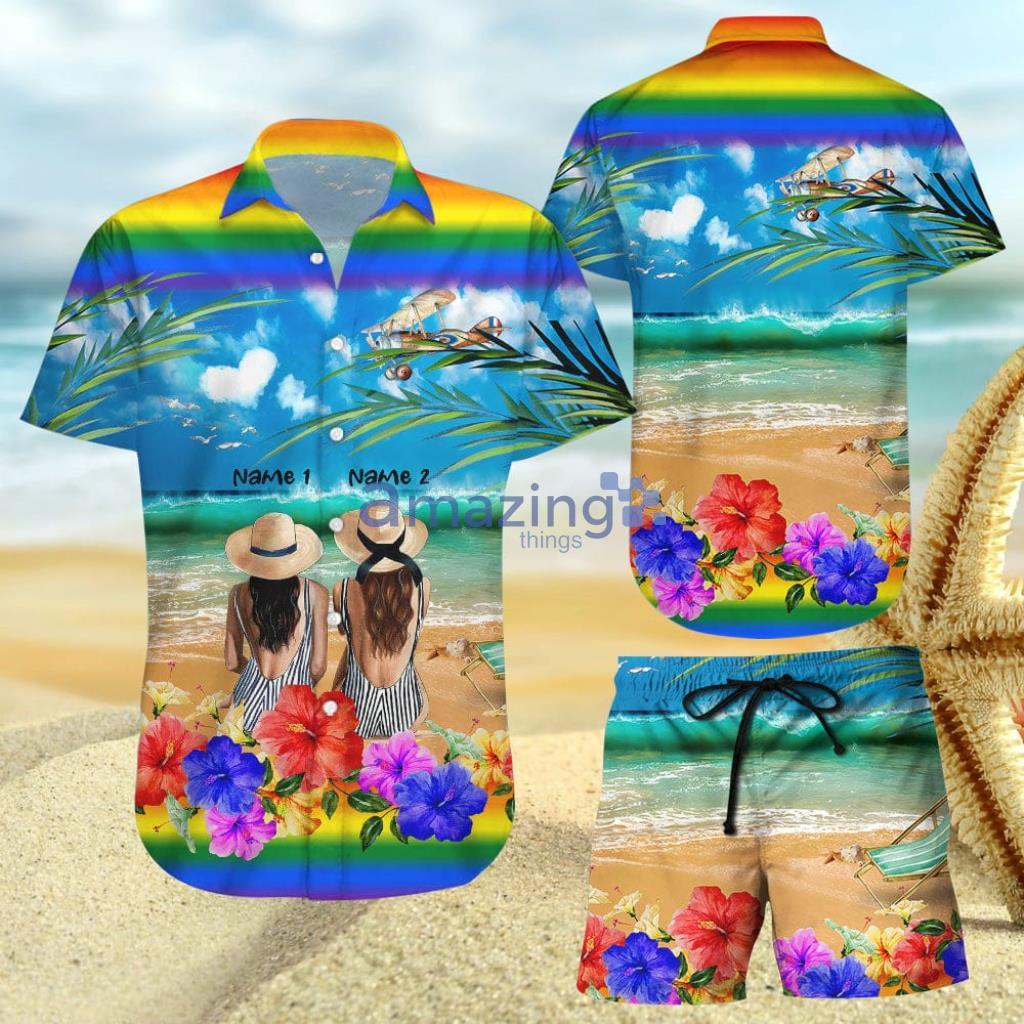 Pride Hawaiian Shirt - Personalized Lesbian Couple In The Beach Summer Hawaiian Shirt And Short - Pride Hawaiian Shirt - Personalized Lesbian Couple In The Beach Summer Hawaiian Shirt And Short