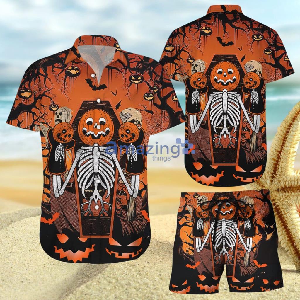 Pumpkin Happy Halloween Pumpkin Skeleton Scary Creepy Hawaiian Shirt And Short - Pumpkin Happy Halloween Pumpkin Skeleton Scary Creepy Hawaiian Shirt And Short