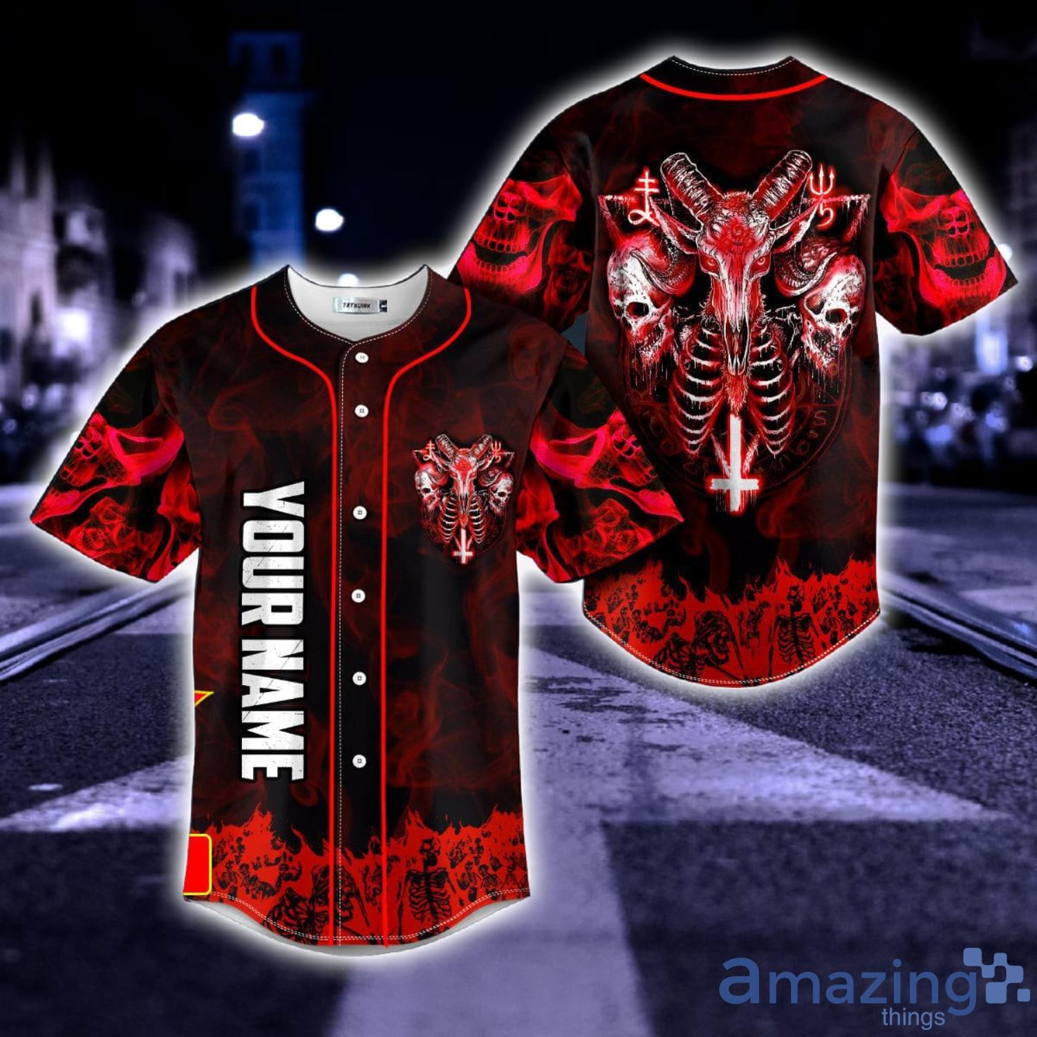 Custom Name Red Baphomet Evil Skull Baseball Jersey For Men And Women Gift  Halloween - Banantees