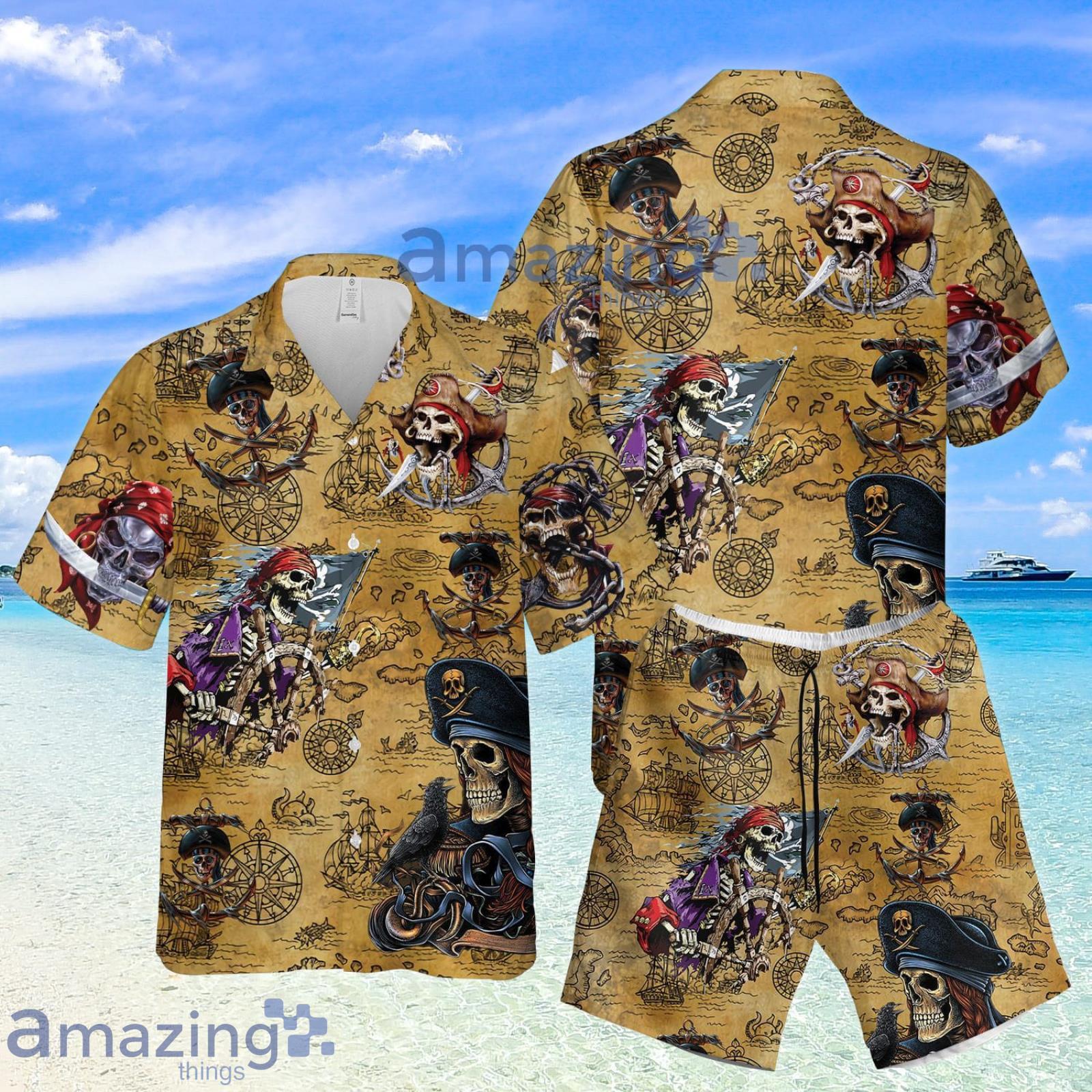 Skull New Ver sea map Pirate skull printing Summer Set Hawaiian Shirt And Shorts Product Photo 1