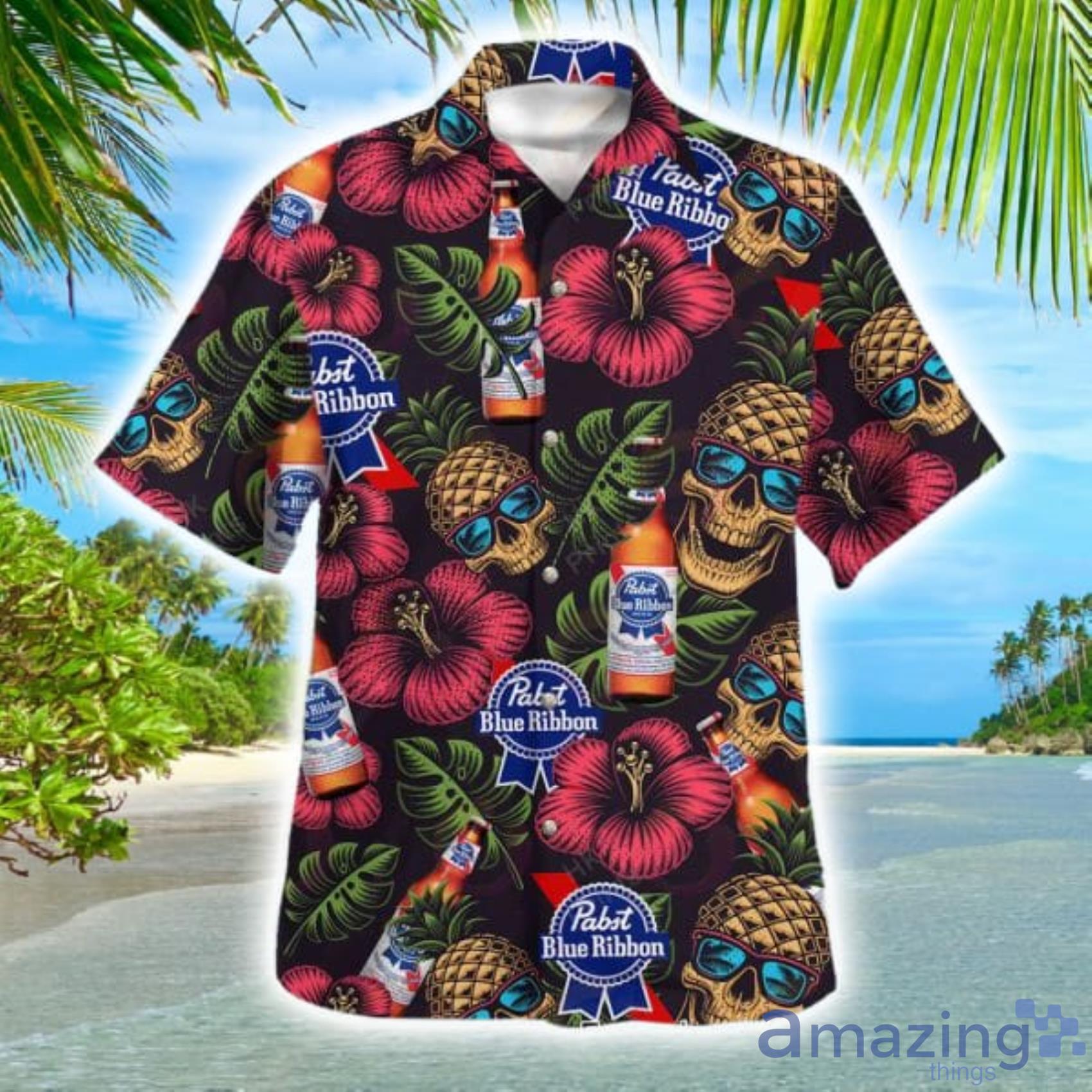 Skull Pineapple And habicus Pabst Blue Ribbon Hawaiian Shirt And Shorts For Men And Women Product Photo 1