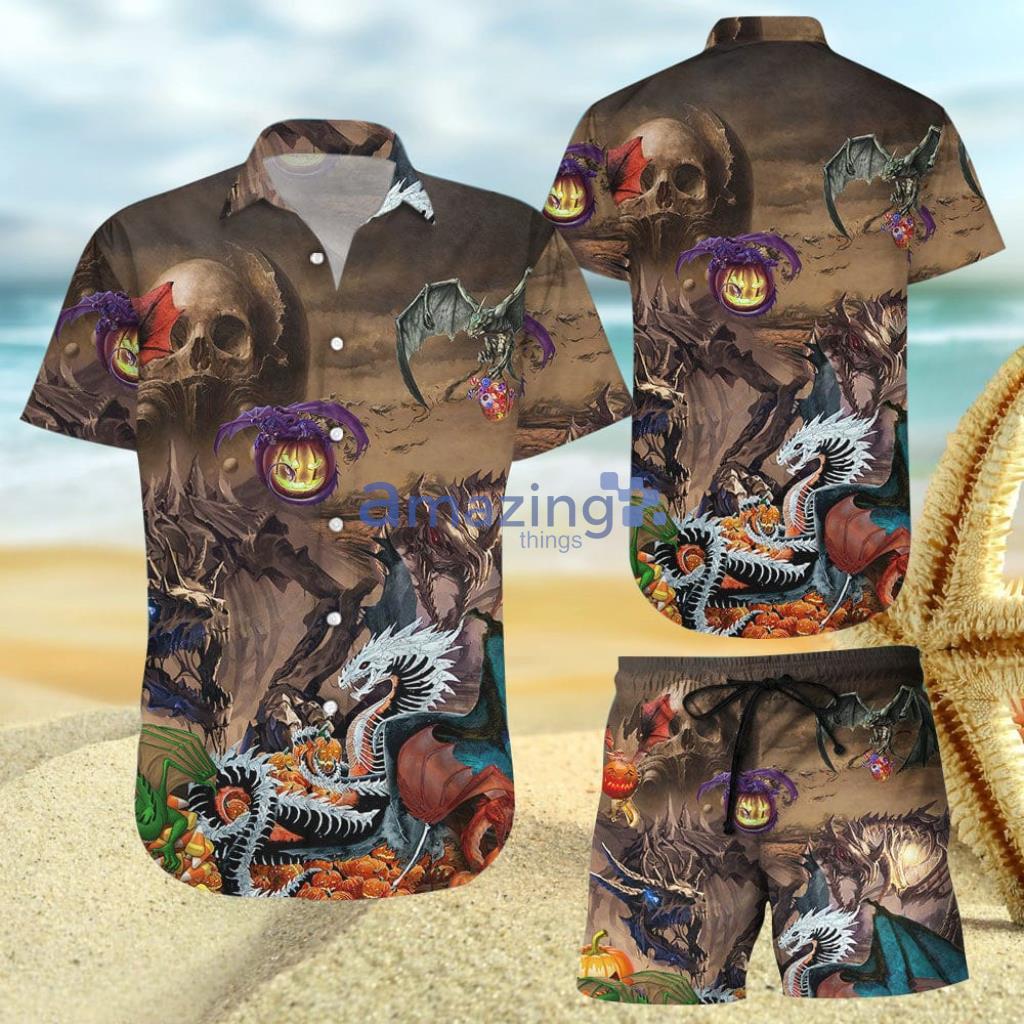 Spooky Halloween Skeletal Dragon Pumpkins Hawaiian Shirt And Short - Spooky Halloween Skeletal Dragon Pumpkins Hawaiian Shirt And Short