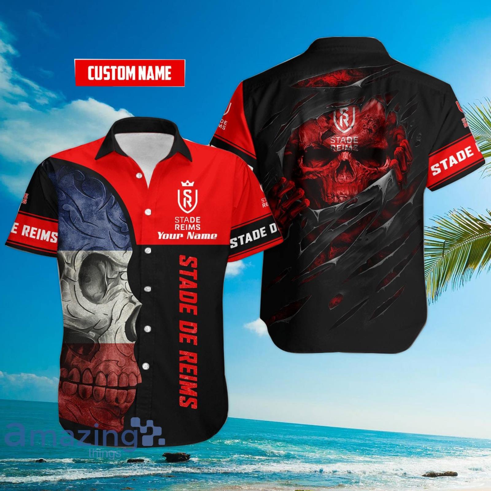 Stade de Reims Flag Skull Custom Name 3D Hawaiian Shirt For Fans Product Photo 1 Stade de Reims Flag Skull Custom Name 3D Hawaiian Shirt For Fans Product Photo 1