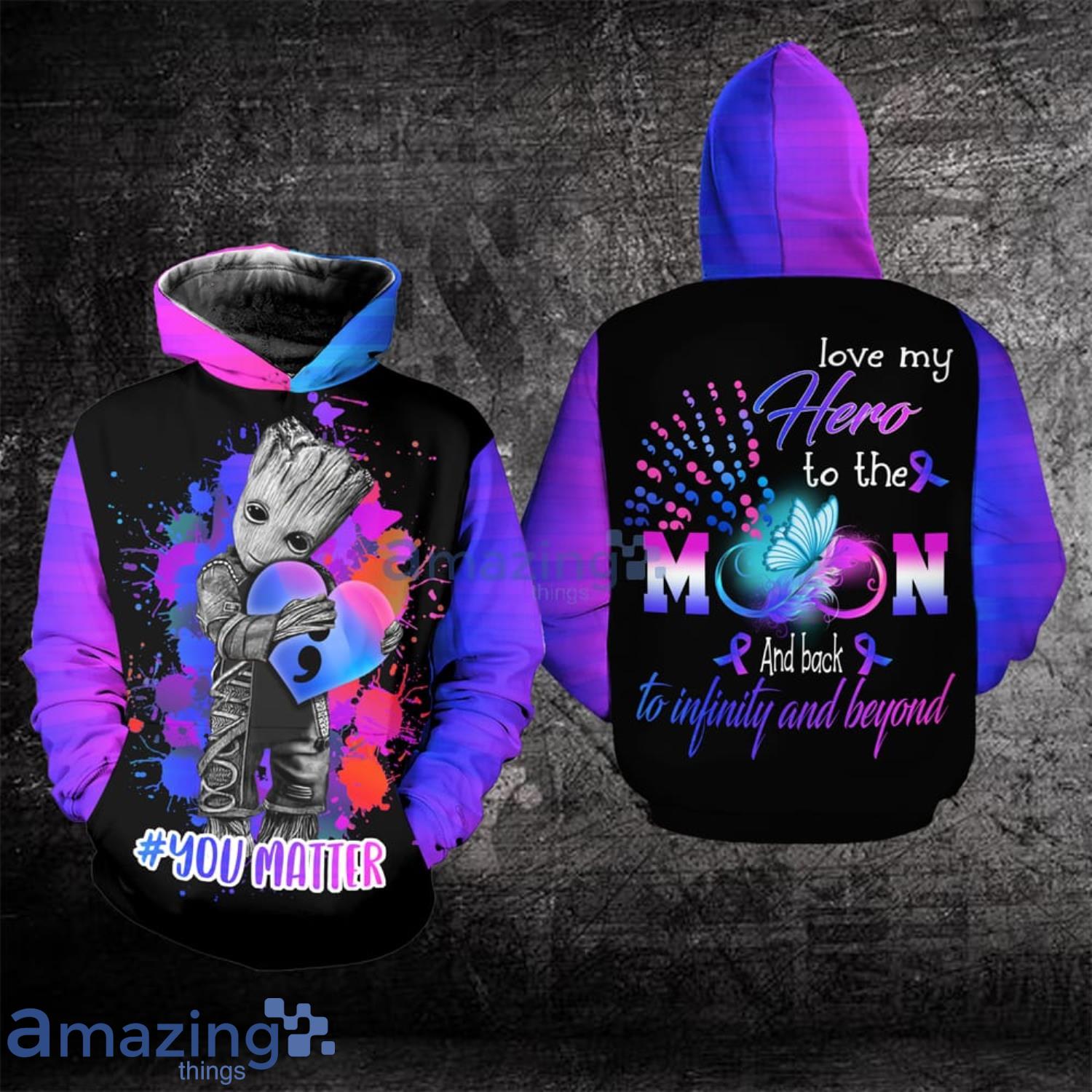 Suicide Awareness Baby Groot Love My Hero To The Moon All Over Print 3D Hoodie Product Photo 1