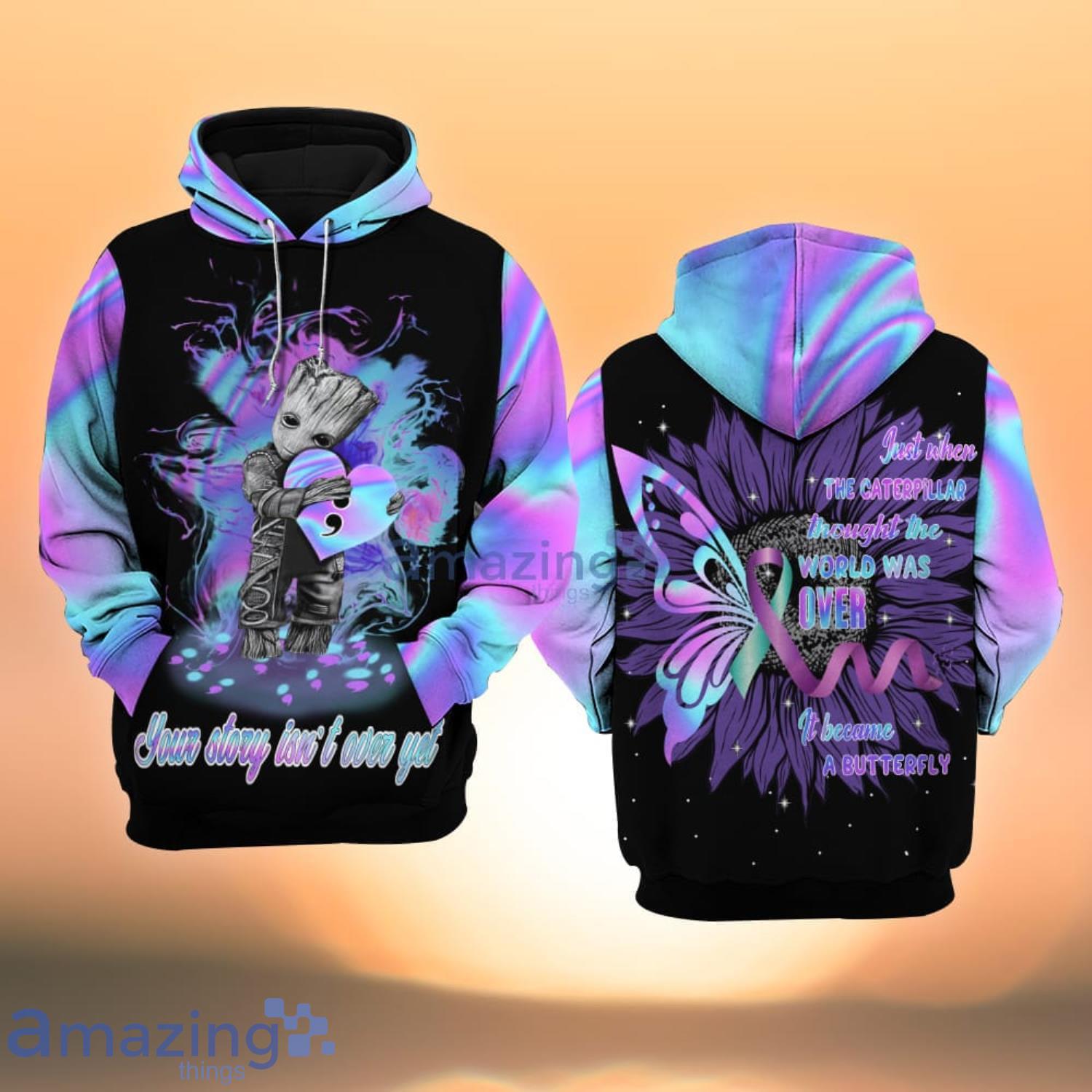 Suicide Awareness Just When The Caterpillar Thought Her Life Was Over It Became A Butterfly baby Groot All Over Print 3D Hoodie Product Photo 1