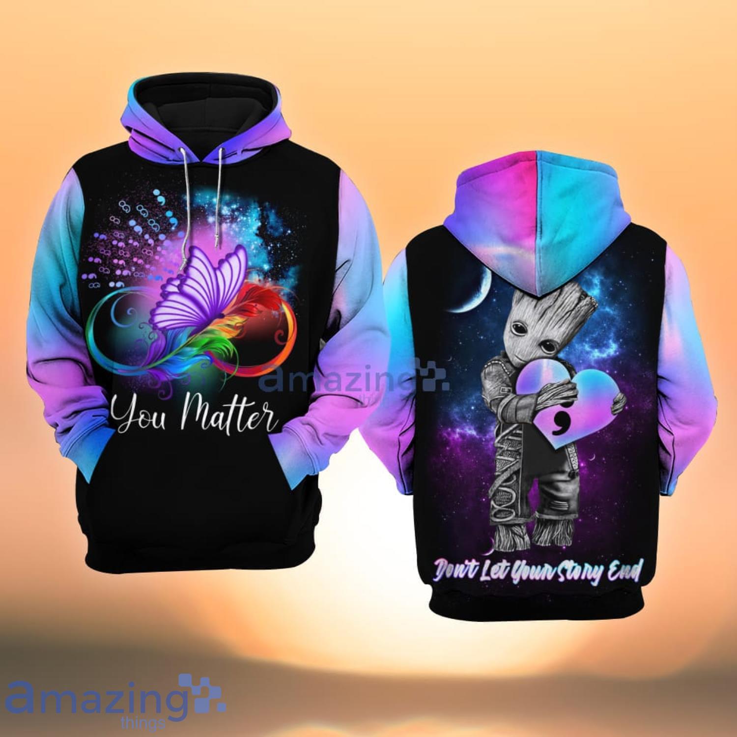 Suicide Awareness You Matter Baby Groot And Butterfly All Over Print 3D Hoodie Product Photo 1