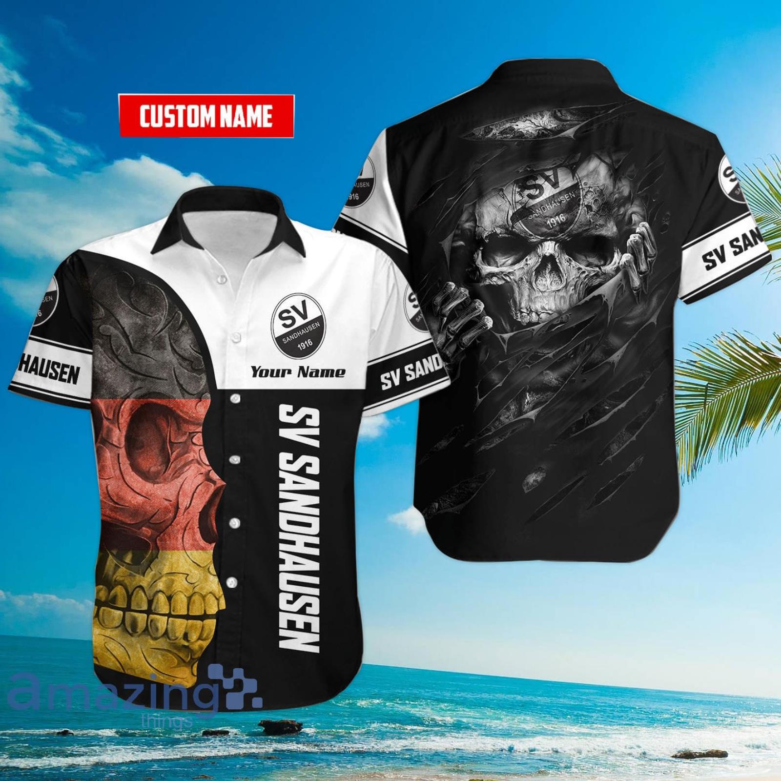 SV Sandhausen Flag Skull Custom Name 3D Hawaiian Shirt For Fans Product Photo 1 SV Sandhausen Flag Skull Custom Name 3D Hawaiian Shirt For Fans Product Photo 1