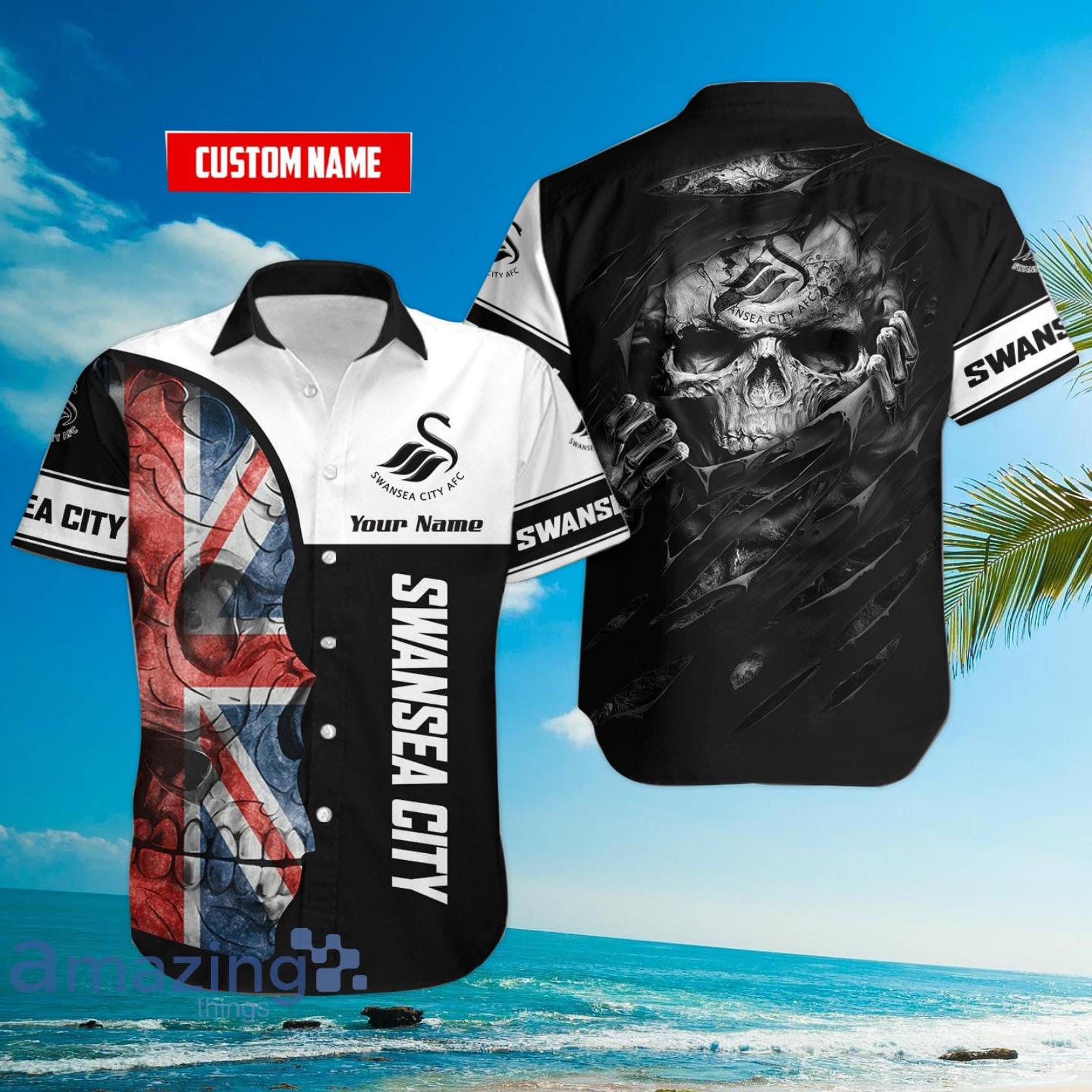 Swansea City Flag Skull Custom Name 3D Hawaiian Shirt For Fans Product Photo 1 Swansea City Flag Skull Custom Name 3D Hawaiian Shirt For Fans Product Photo 1