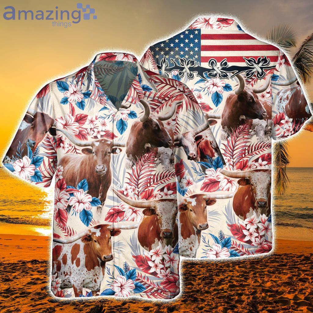 Texas Longhorn Cattle With American Flag Hawaiian Shirt - Texas Longhorn Cattle With American Flag Hawaiian Shirt