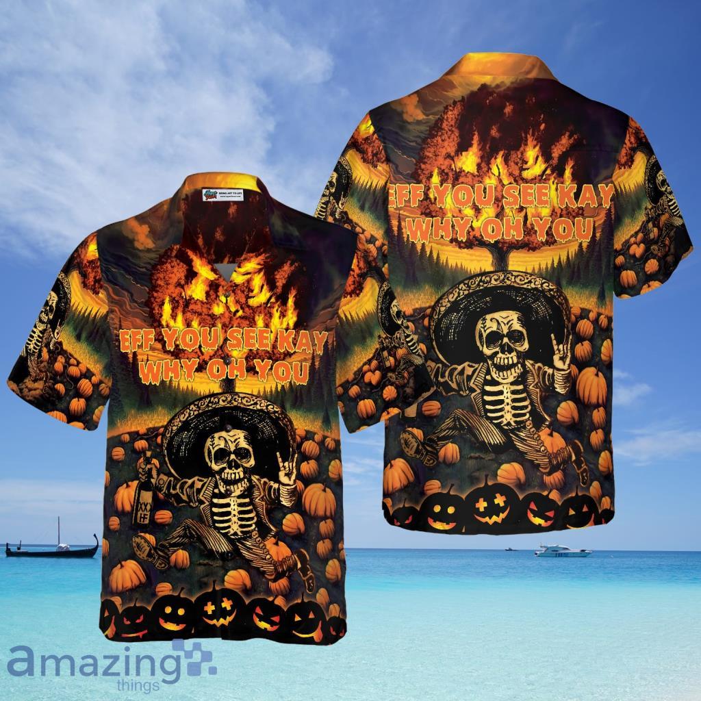 The Burning Pumpkin Sky And Skeleton Halloween Hawaiian Shirt - The Burning Pumpkin Sky And Skeleton Halloween Hawaiian Shirt