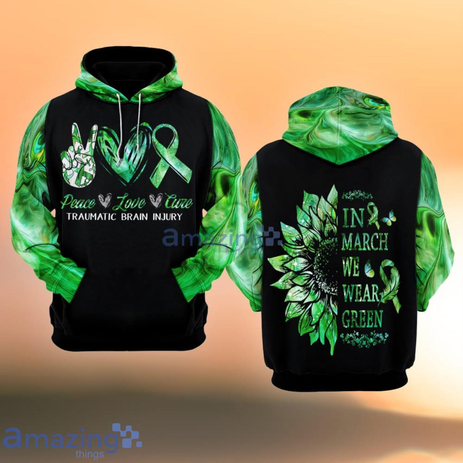 Traumatic Brain Injury Awareness Peace Love Cure Green And Black All Over Print 3D Hoodie Product Photo 1