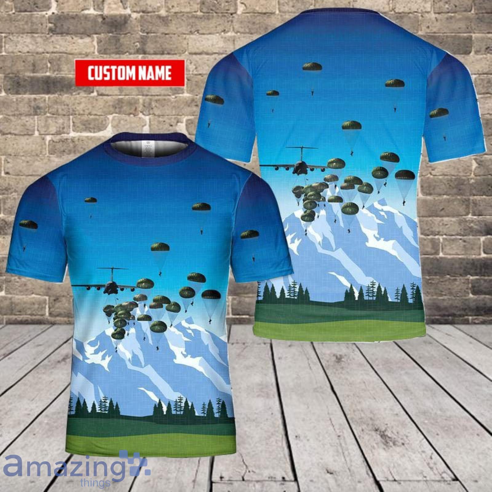 U.S. Army Paratroopers With The 82nd Airborne Division Parachute From A C-130 Hercules Aircraft 3D T-Shirt Product Photo 1