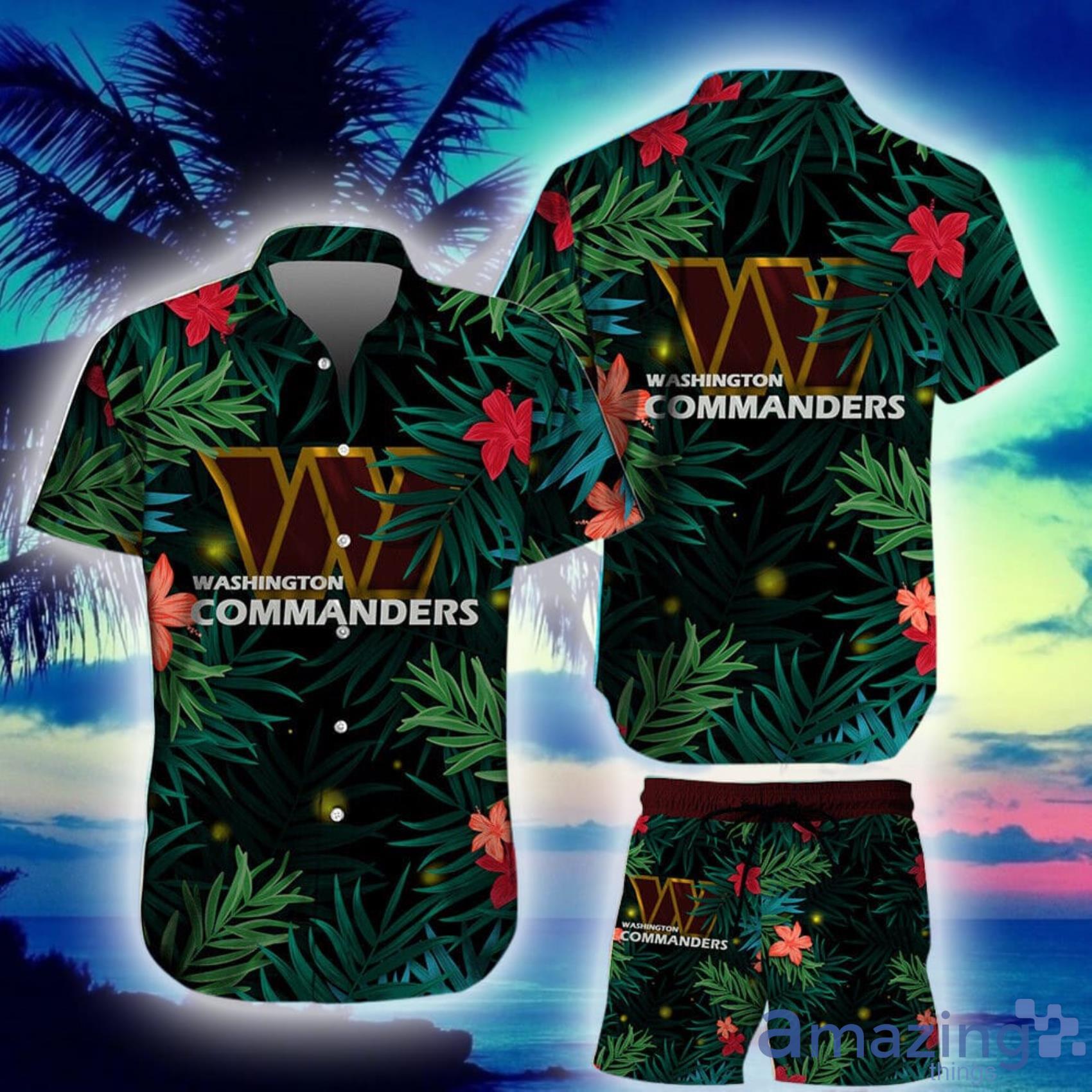 Washington Commanders Green Tropical Leaves And Flowers Hawaiian Shirt And Short Product Photo 1