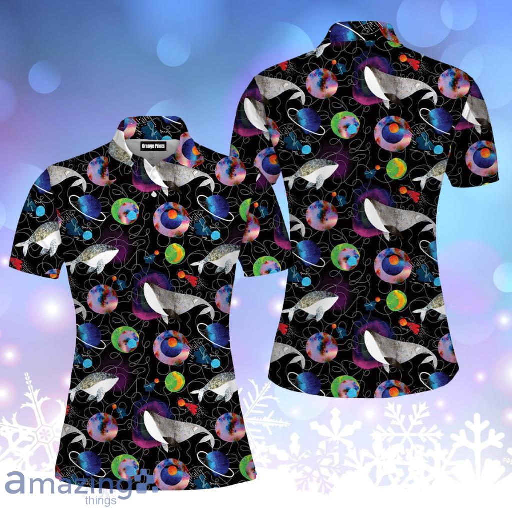 Whales Planets Stars Colorful Polo Shirt For Women - Whales Planets Stars Colorful Polo Shirt For Women