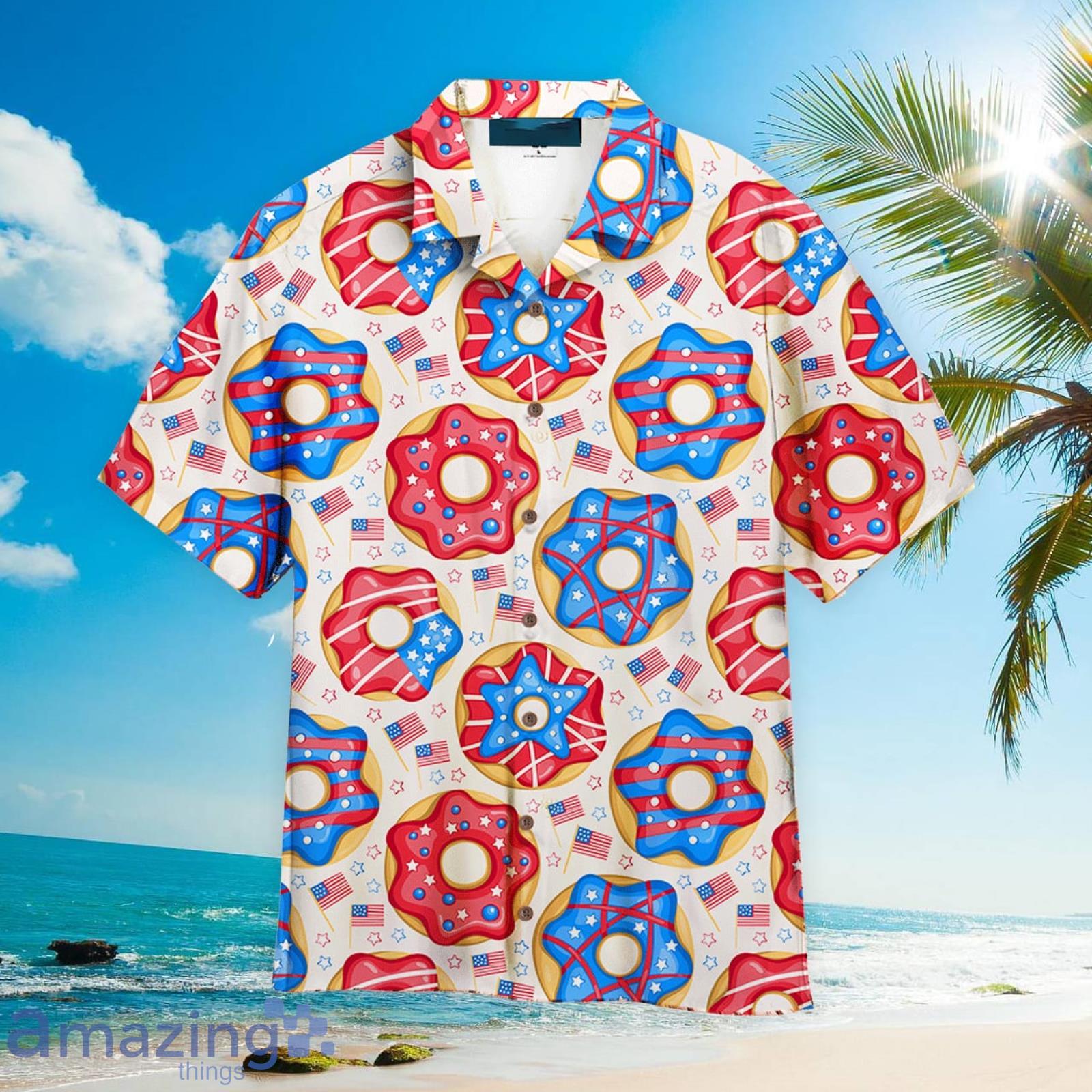 4th Of July Donuts America Pink And Blue Aloha Hawaiian Shirt Beach Gift Product Photo 1