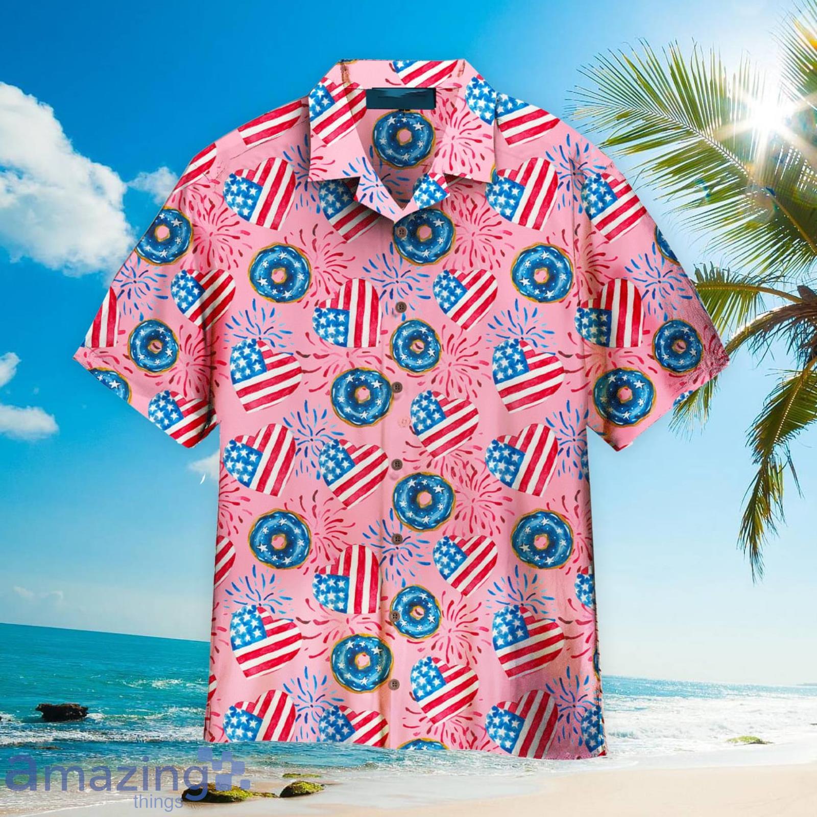 4th Of July Love American Donuts Pink Aloha Hawaiian Shirt Beach Gift Product Photo 1