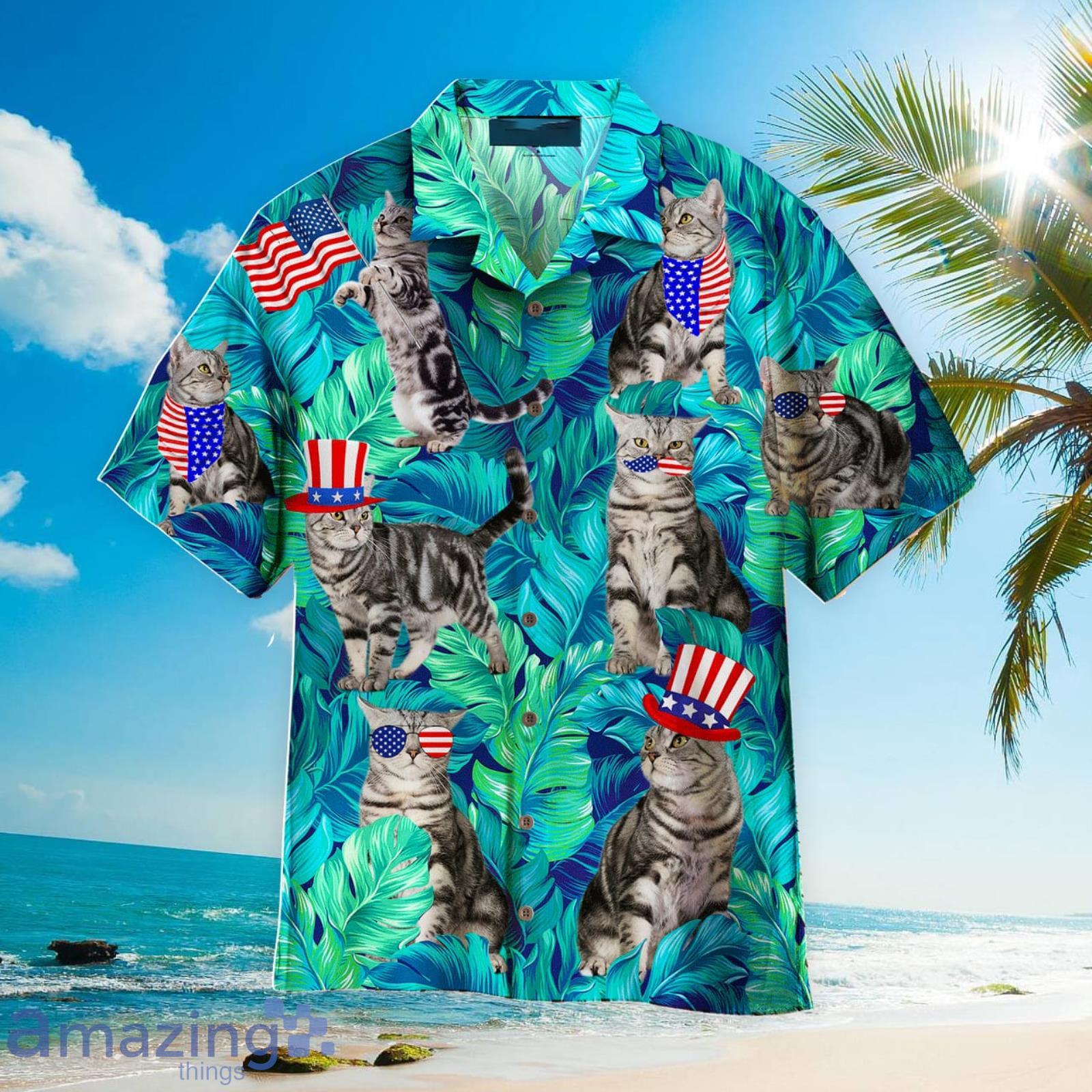 4th Of July Outfit Independence Day Cats Lover Palm Leaves Pattern Patriotic Aloha Hawaiian Shirt Beach Gift Product Photo 1
