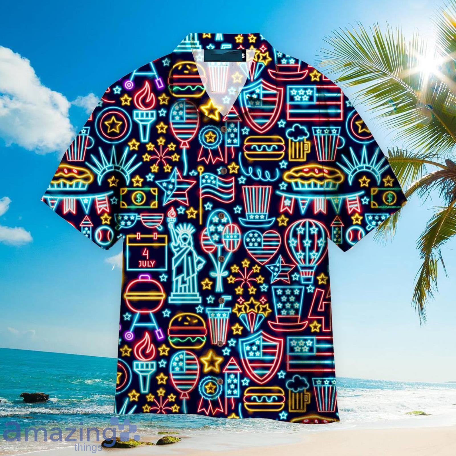 4th Of July Outfit Independence Day Neon Style Patriotic Aloha Hawaiian Shirt Beach Gift Product Photo 1